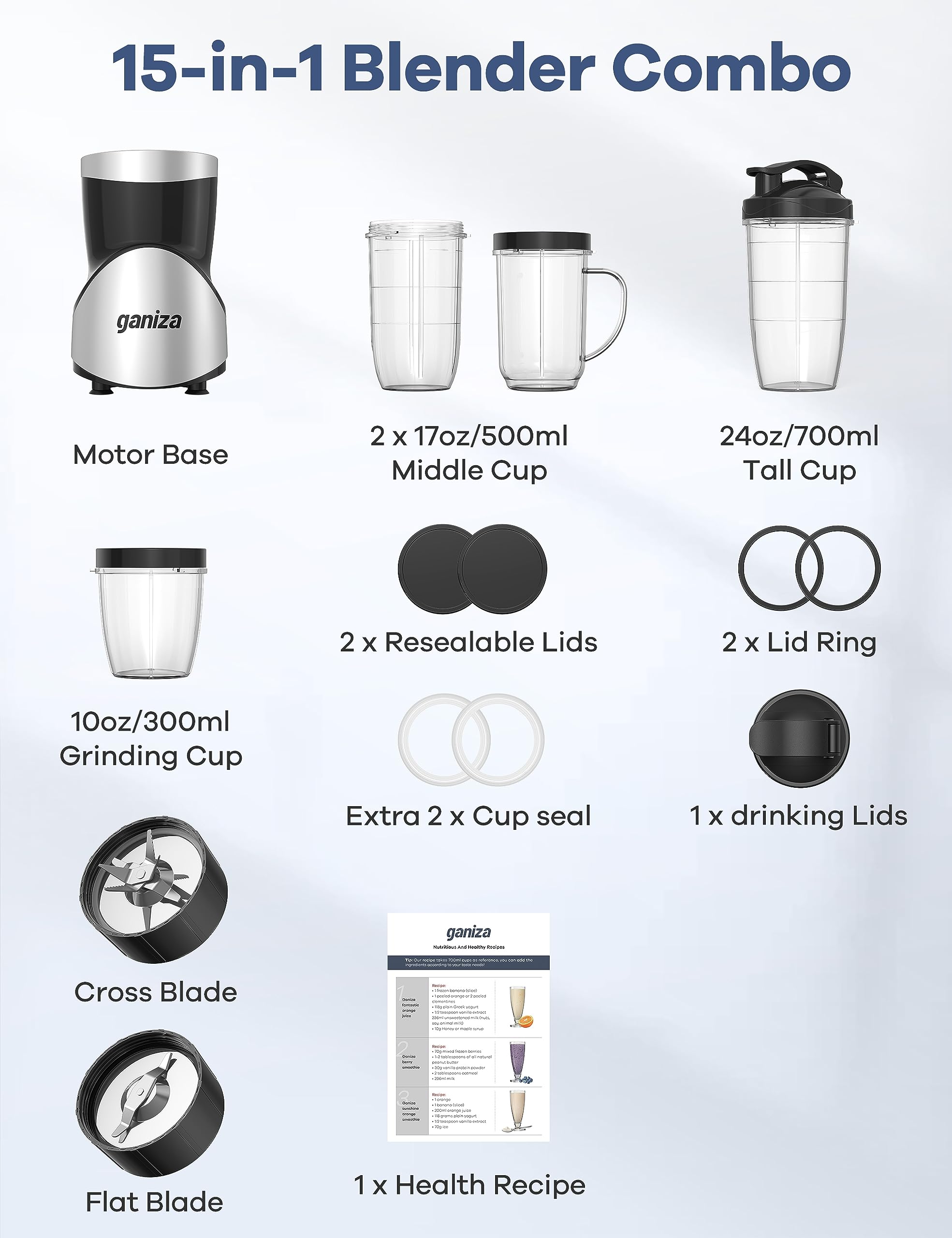 Ganiza Smoothie Blender, 900W Blenders for Shakes and Smoothies, 15-Piece Personal Blender and Grinder Combo for Kitchen, Smoothies Maker with 4 BPA-Free Portable Cup, Nutritious Recipe