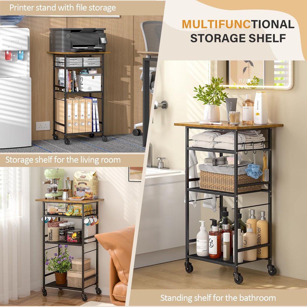 ThreeHio Rolling Kitchen Microwave Cart, 3 Tier Microwave Table Stand with Adjustable Shelf, Kitchen Storage Rack on Wheels, Coffee Station Cart Rack Shelf Organizer for Living Room Office, Balcony