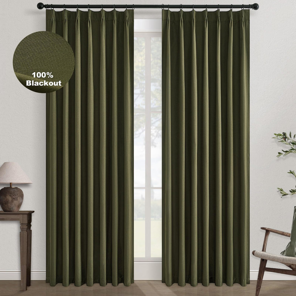 Topfinel Pinch Pleated Curtains 96 Inch Long, 100% Blackout Thermal Insulated Natural Linen Pinch Pleat Viral Drapes with Hooks Rings 2 Panel Sets, Neutral Beige Ivory 8FT Back Tab Window Curtains
