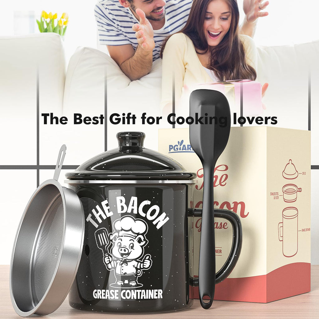 PGYARD Mini Bacon Grease Saver With Strainer - 15OZ Enamel Grease Container, Farmhouse Bacon Grease Keeper For Kitchen Fat Storage, Dishwasher Safe-Red