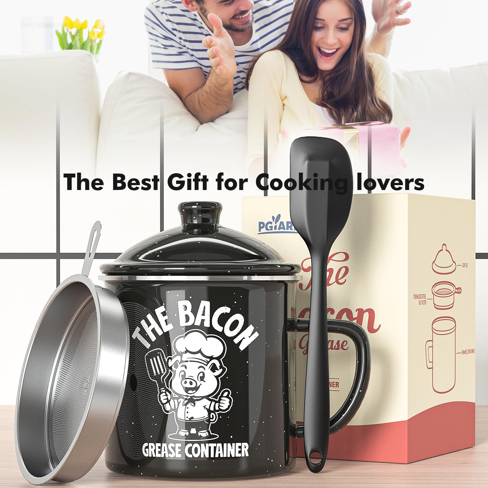 PGYARD Mini Bacon Grease Saver With Strainer - 15OZ Enamel Grease Container, Farmhouse Bacon Grease Keeper For Kitchen Fat Storage, Dishwasher Safe-Red