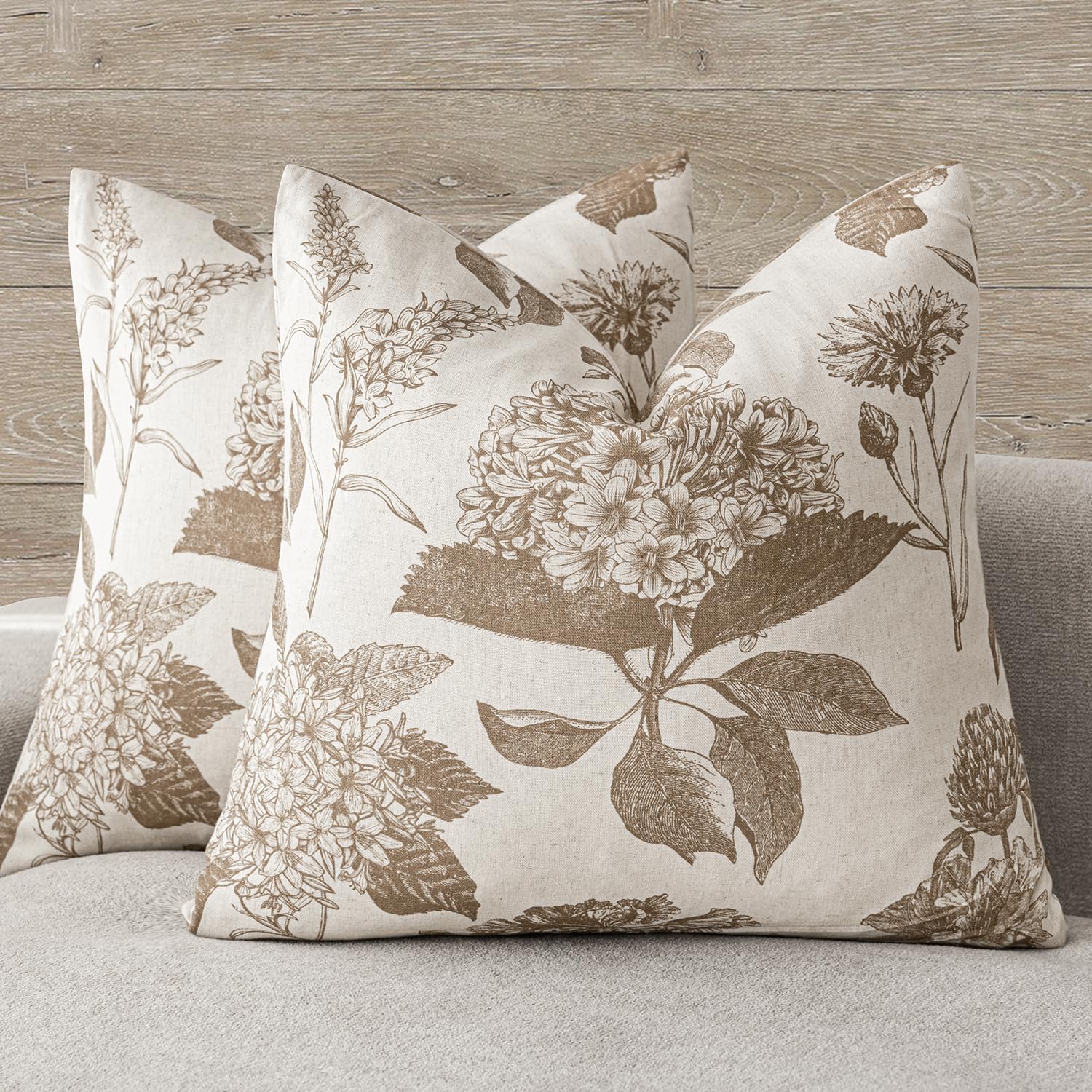 Foindtower Set of 2 Linen Floral Vintage Throw Pillow Covers Neutral Accent Print Decorative Cushion Covers Farmhouse Boho Home Decor for Sofa Chair Couch Bedroom Living Room,18×18 Inch,Blue
