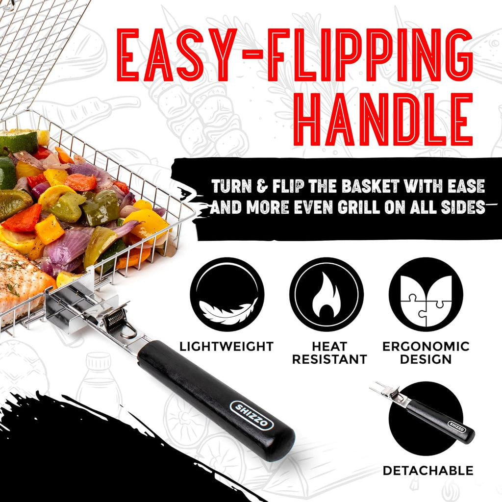 SHIZZO Grill Basket Set, Barbecue BBQ Grilling, Stainless Steel Folding Portable Outdoor Camping Rack for Fish, Shrimp, Vegetables, Cooking Accessories, Gifts for Dad, husband, Friends