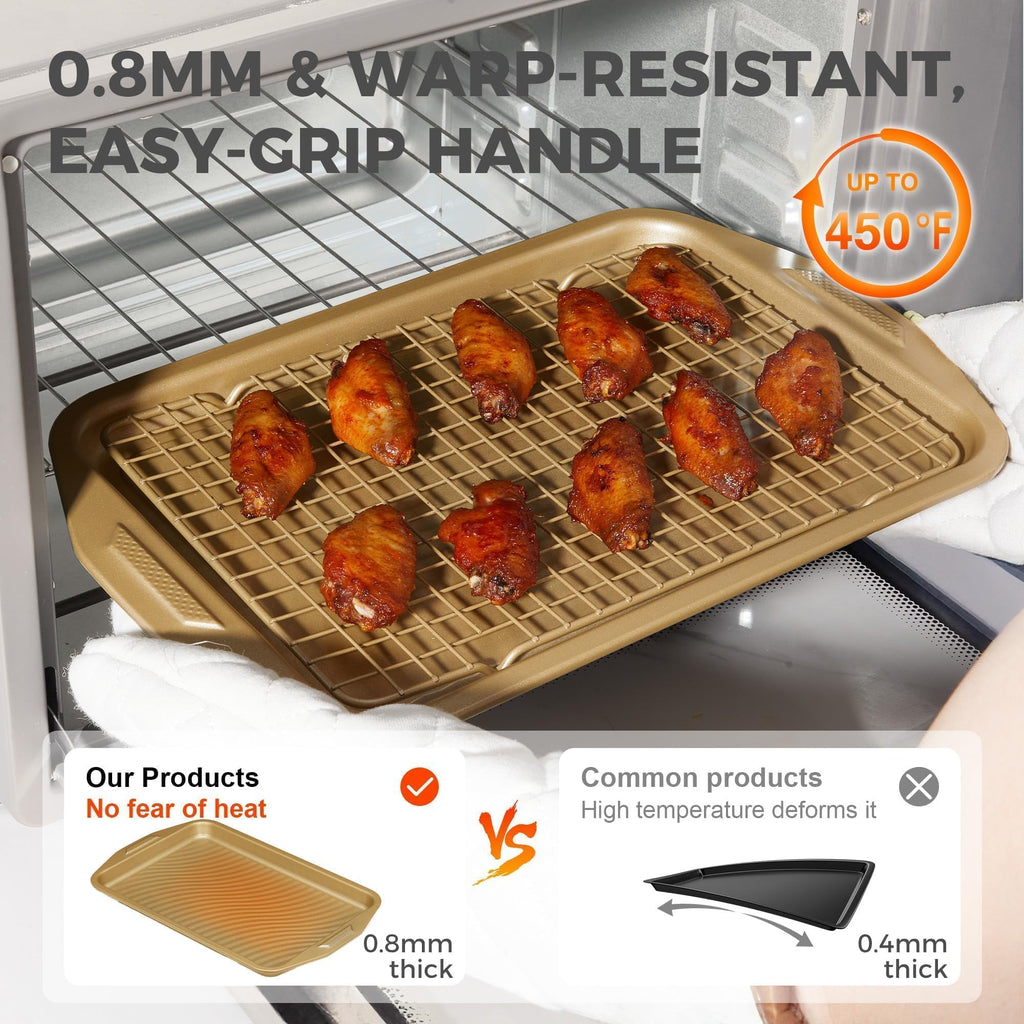 HONGBAKE 9-Piece Non Stick Baking Pans Set with Wave Texture for Reduced Oil, 0.8mm Thick Non Toxic Bakeware Sets, Includes Stackable Cookie Sheets for Oven Cooking, Cake Pan, Muffin Pan, Gold