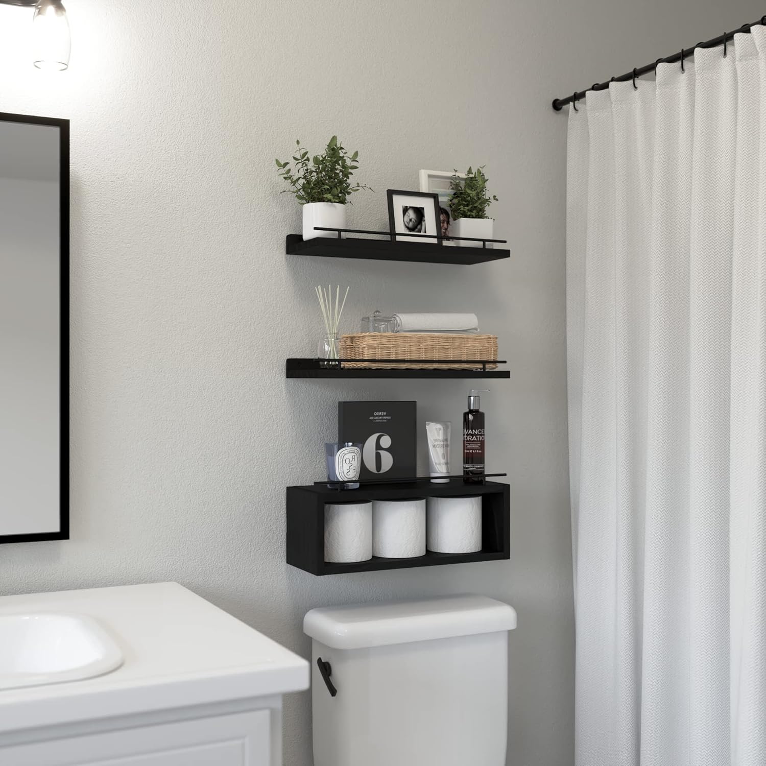 WOPITUES Wood Floating Shelves Set of 6, Farmhouse Style, Floating Shelves for Wall Decor, Bathroom/Bedroom Storage, Heavy Duty, Rust Proof
