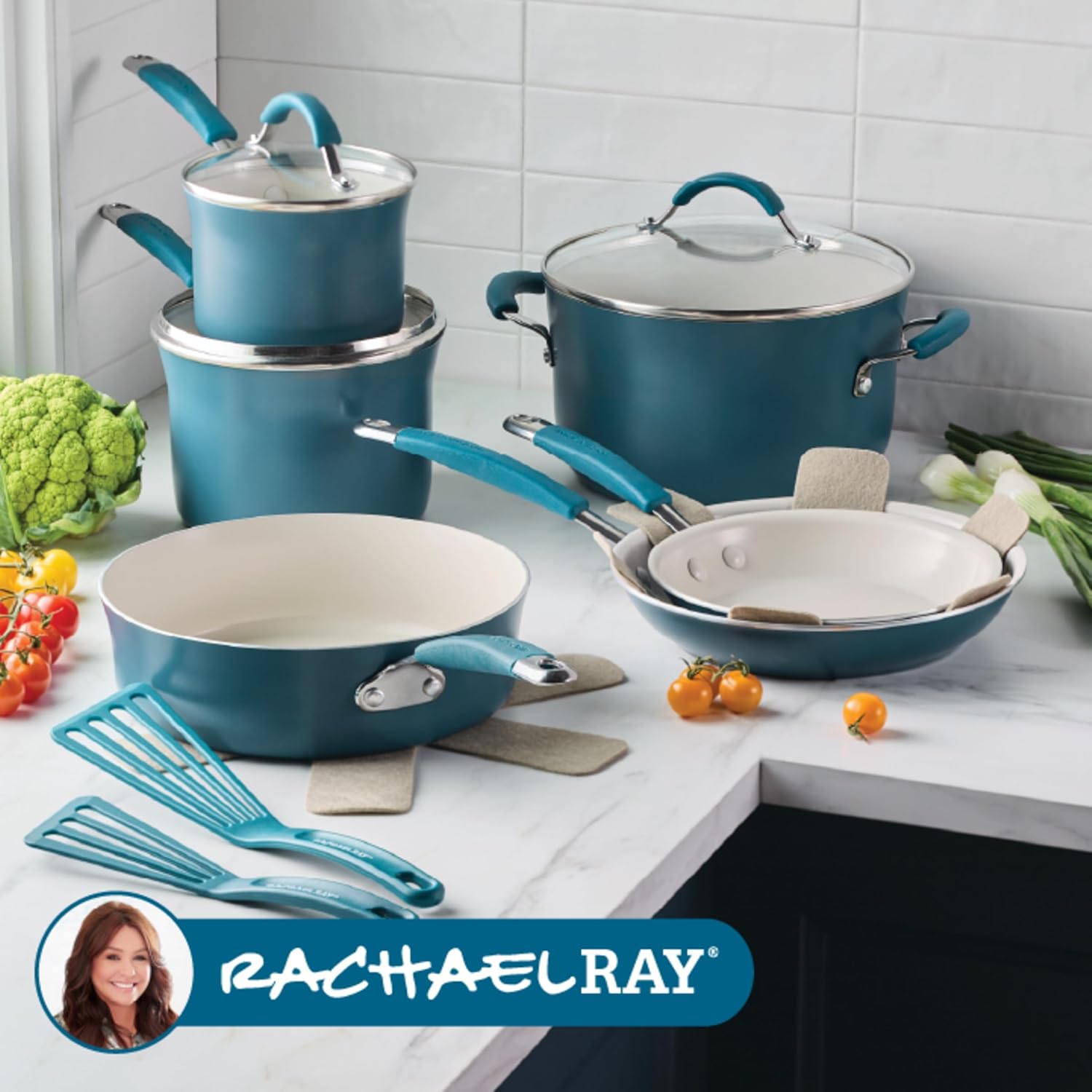 Rachael Ray - 16802 Rachael Ray Cucina Nonstick Cookware Pots and Pans Set, 12 Piece, Sea Salt Gray