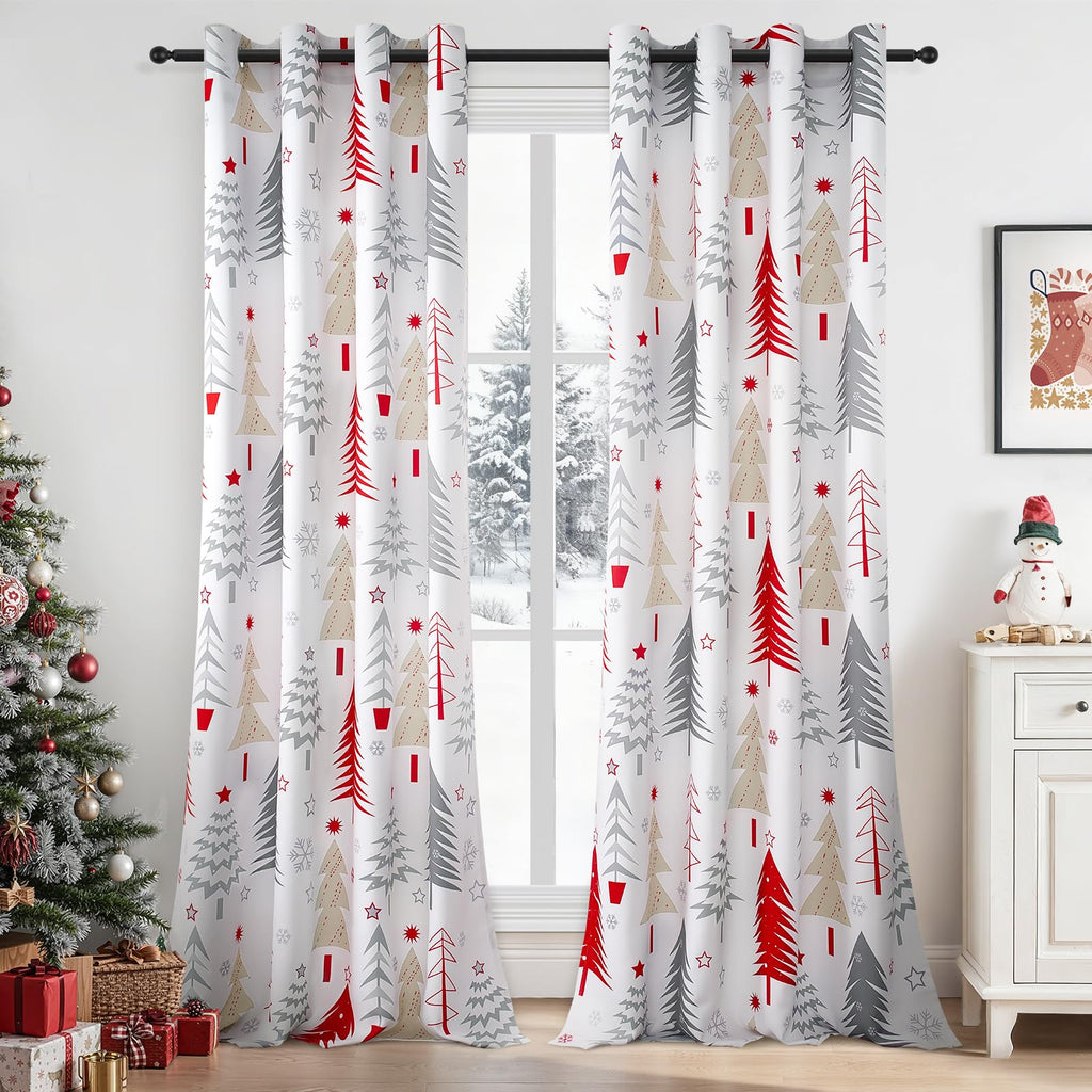 Topfinel Christmas Curtains 84 Inch Length for Living Room 2 Panels Set,Grommet Xmas Decoration Window Curtains with Christmas Tree and Snowflake Print for Bedroom,Set of 2,52x84 Inches Long,White