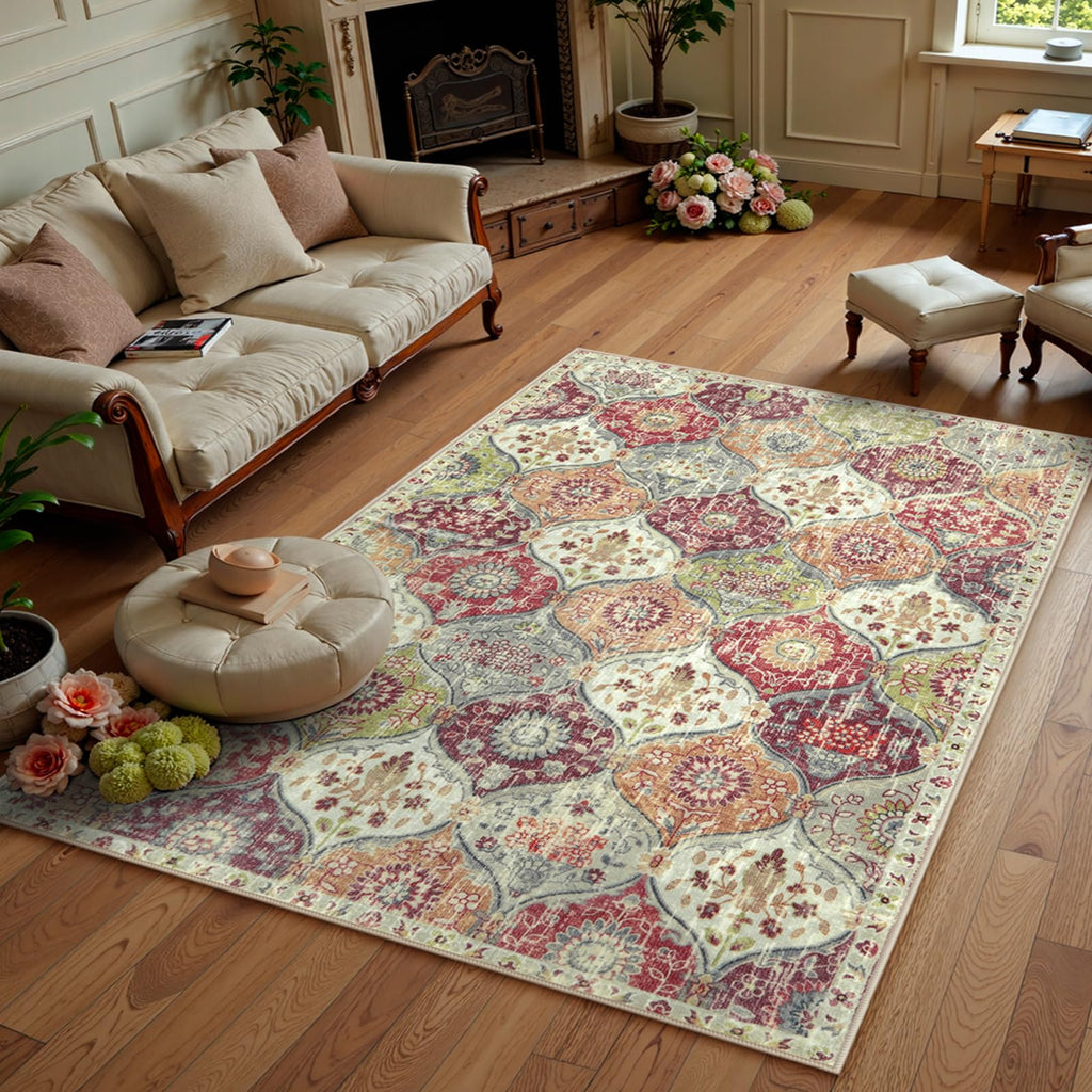 Lahome Moroccan Trellis Washable Rug, 2x3 Kitchen Rugs for Entryway Bathroom, Non-Slip Indoor Door Mat Ultra-Thin, Small Oriental Throw Carpet for Bedroom Entry Elise, Cream/Multi