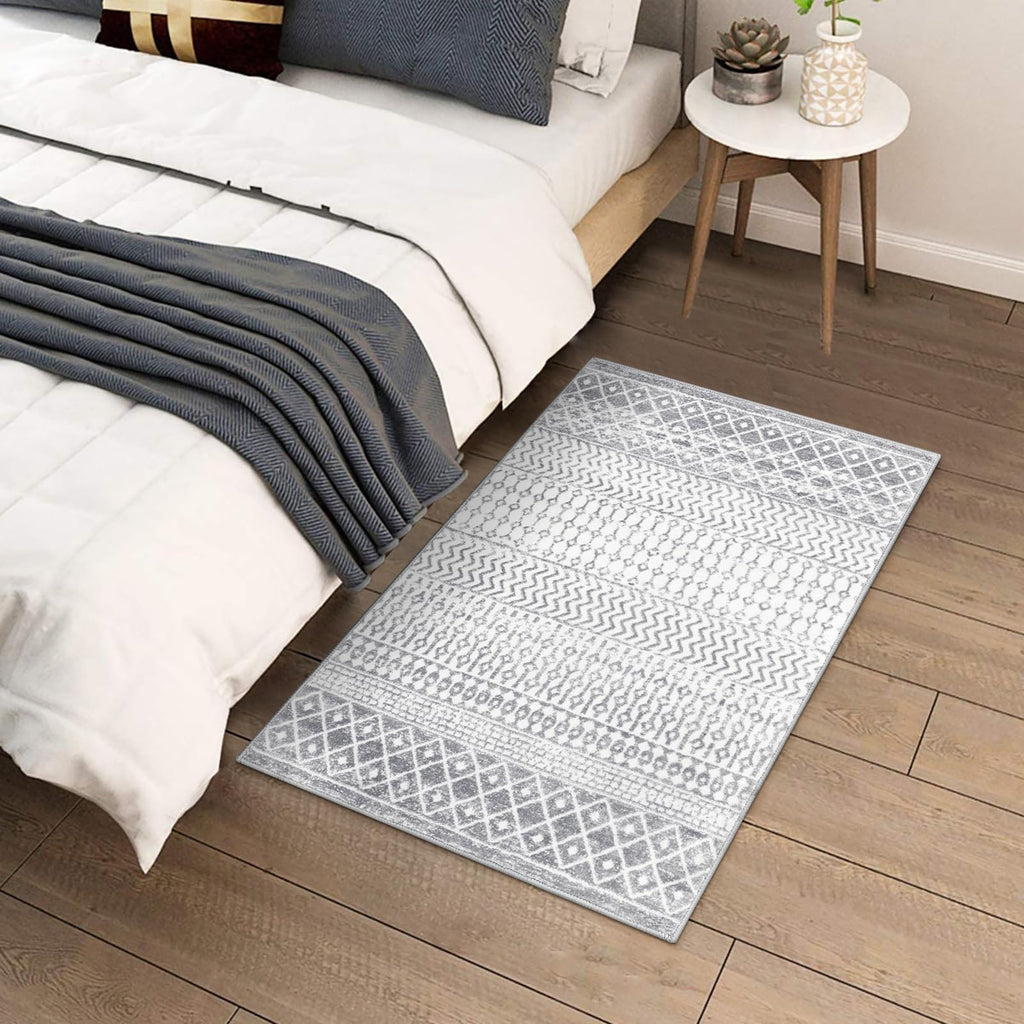 Moroccan Washable Rugs, 2x3 Light Grey Rug Non-Slip Small Distressed Entryway Rugs, Soft Low-Pile Bedroom Rug Indoor Doormat Carpet for Entryway Kitchen Bathroom