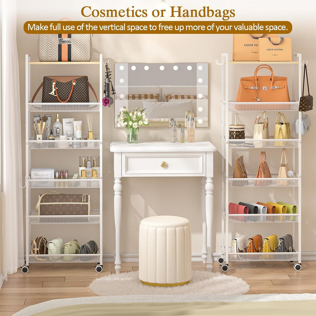 ThreeHio 6-Tier Closet Organizer and Storage Shelf with 12 Hooks, Tall Purse Rack for Closet with Lockable Wheels & Wooden Top, Heavy-Duty Rolling Handbag Stand Rack for Bedroom or Entryway, White