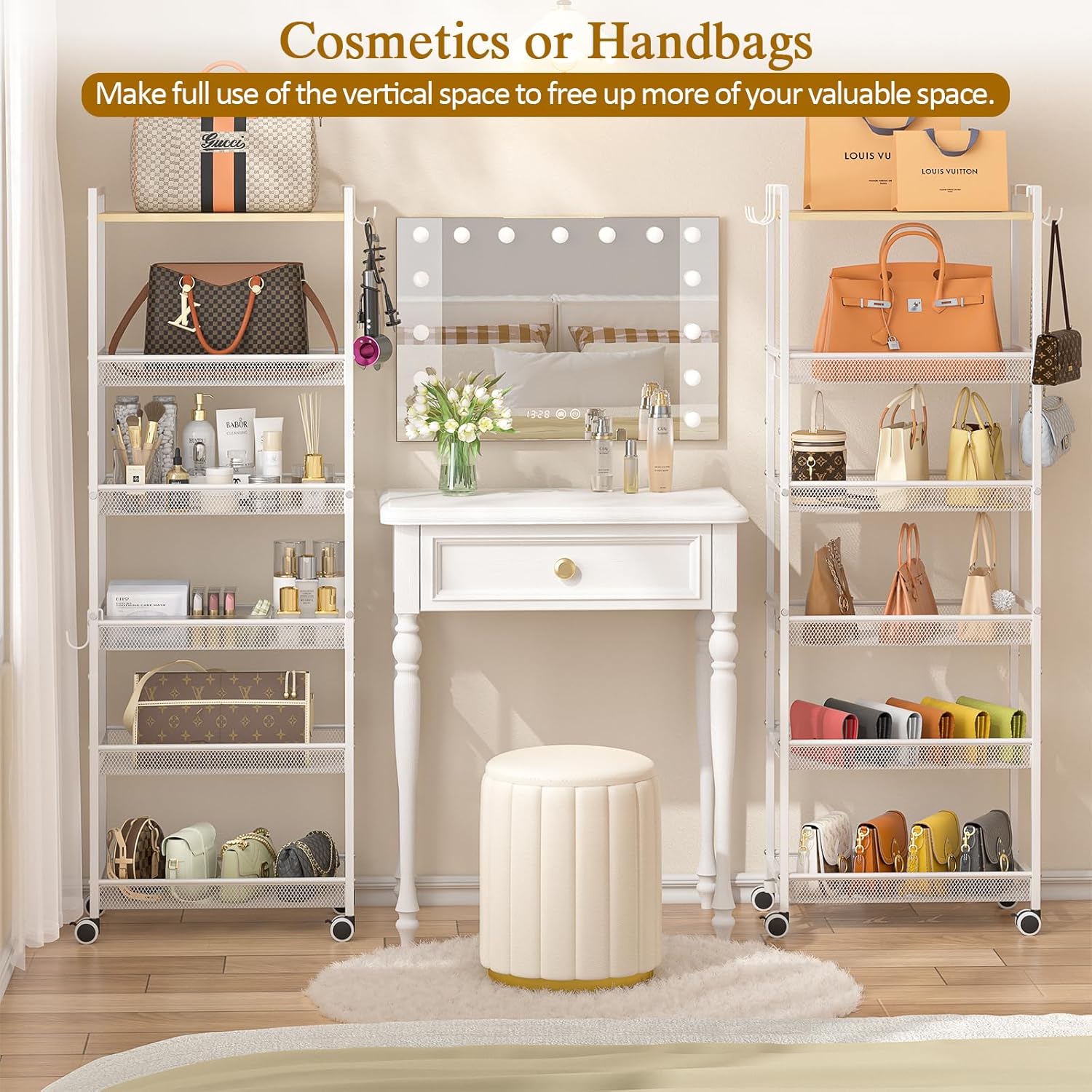 ThreeHio 6-Tier Closet Organizer and Storage Shelf with 12 Hooks, Tall Purse Rack for Closet with Lockable Wheels & Wooden Top, Heavy-Duty Rolling Handbag Stand Rack for Bedroom or Entryway, White