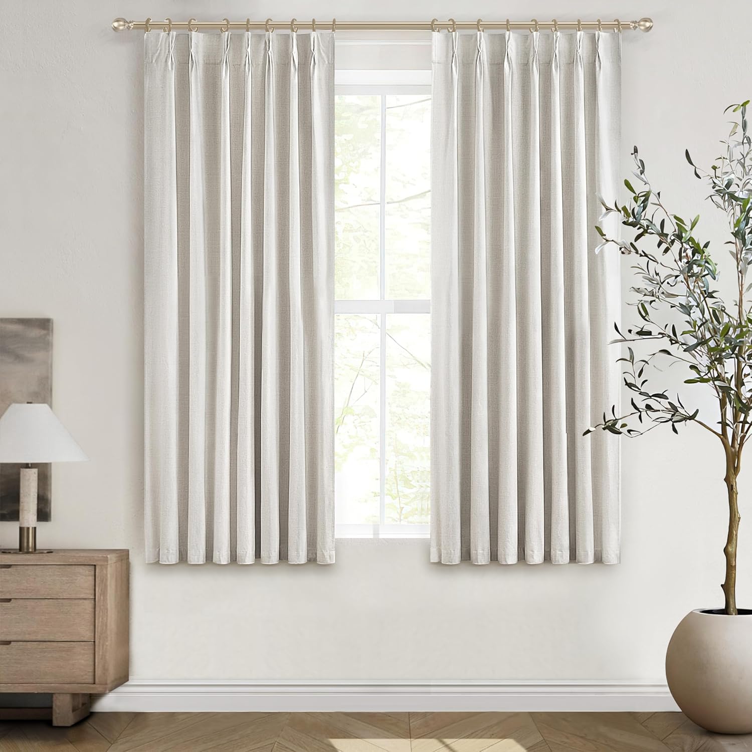 Natural Linen Pinch Pleated Blackout Curtains & Drapes 96 Inch Long Bedroom/Livingroom Farmhouse Curtains 2 Panel Sets, Neutral Track Room Darkening Thermal Insulated 8ft Back Tab Window Curtain
