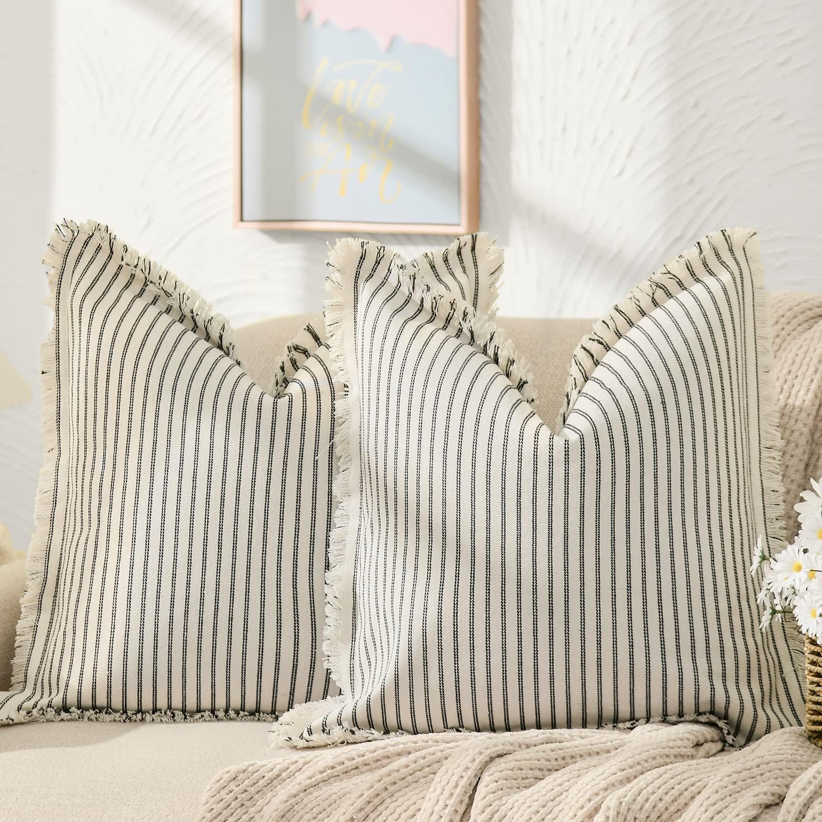 ZWJD Throw Pillow Covers 20x20 Set of 2 Striped Pillow Covers with Fringe Chic Cotton Decorative Pillows Square Cushion Covers for Sofa Couch Bed Living Room Farmhouse Decor, (Gray)