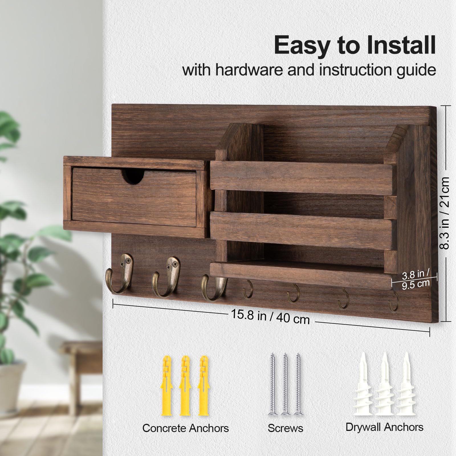 Wall Mount Key Holder with Mail Organizer, 100% Paulownia Wood, 7 Metal Hooks, Storage Drawer, Entryway Home Decor (Brown)