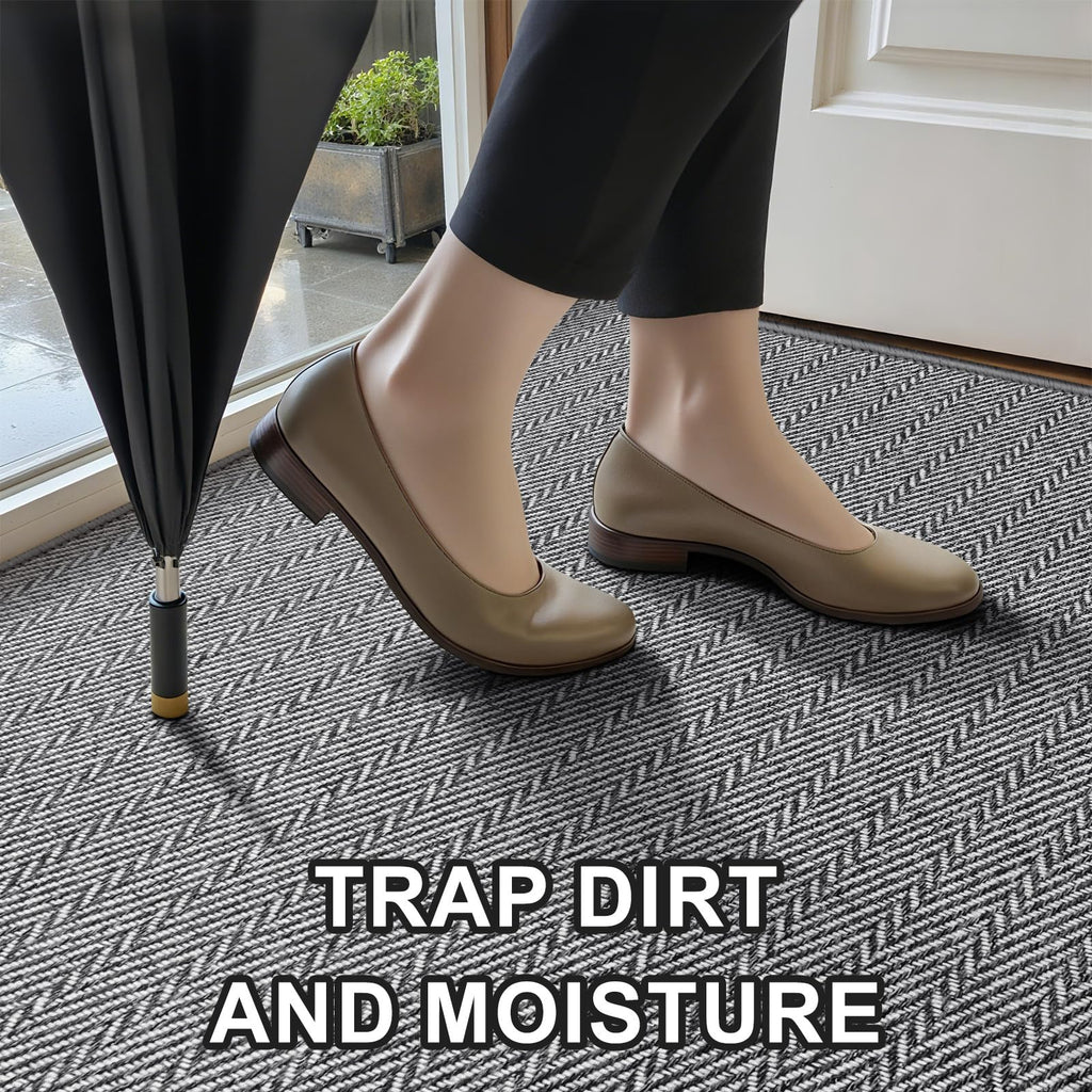 Ultra Thin Door Mat Indoor Entrance 17"x29", Low-Profile Indoor Door Mat, Non Slip Entry Mat Rubber Backing Unique Herringbone Design Inside Doormat Dirt Trapper Entryway Mats, Beige