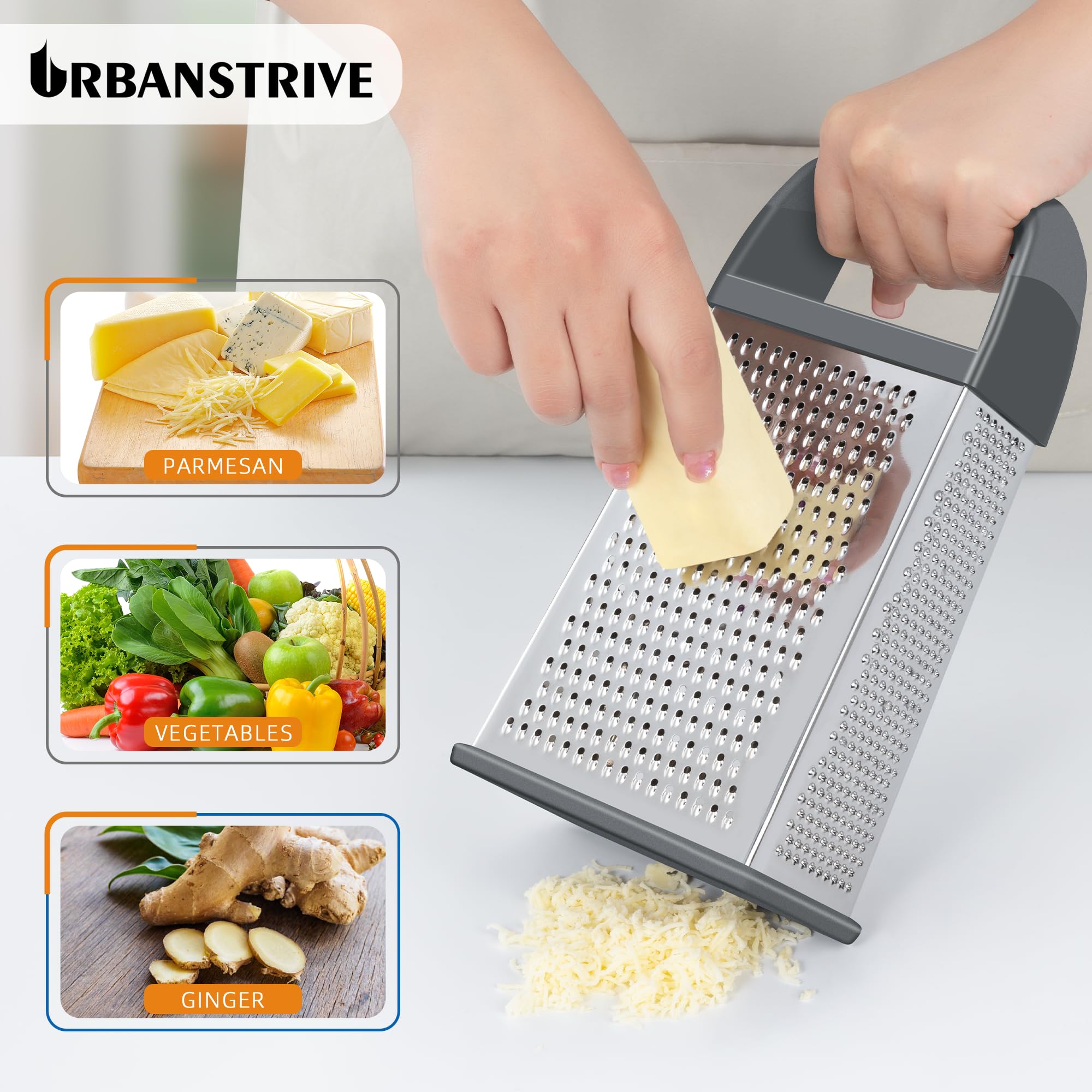 Urbanstrive Cheese Grater With Container Box Grater Stainless Steel Graters for Kitchen Cheese Shredder Parmesan Shredder Kitchen Gadgets Kitchen Tools Kitchen Gifts for Chef Dishwasher Safe Zester