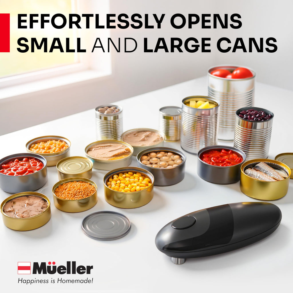 MUELLER HOME SmoothEdge Auto Electric Can Opener – Battery‑Operated One‑Touch w Magnet Lid Lifter – Portable Hands‑Free Automatic Can Openers for Seniors & Arthritis, Smooth‑Edge Cut Technology, Black