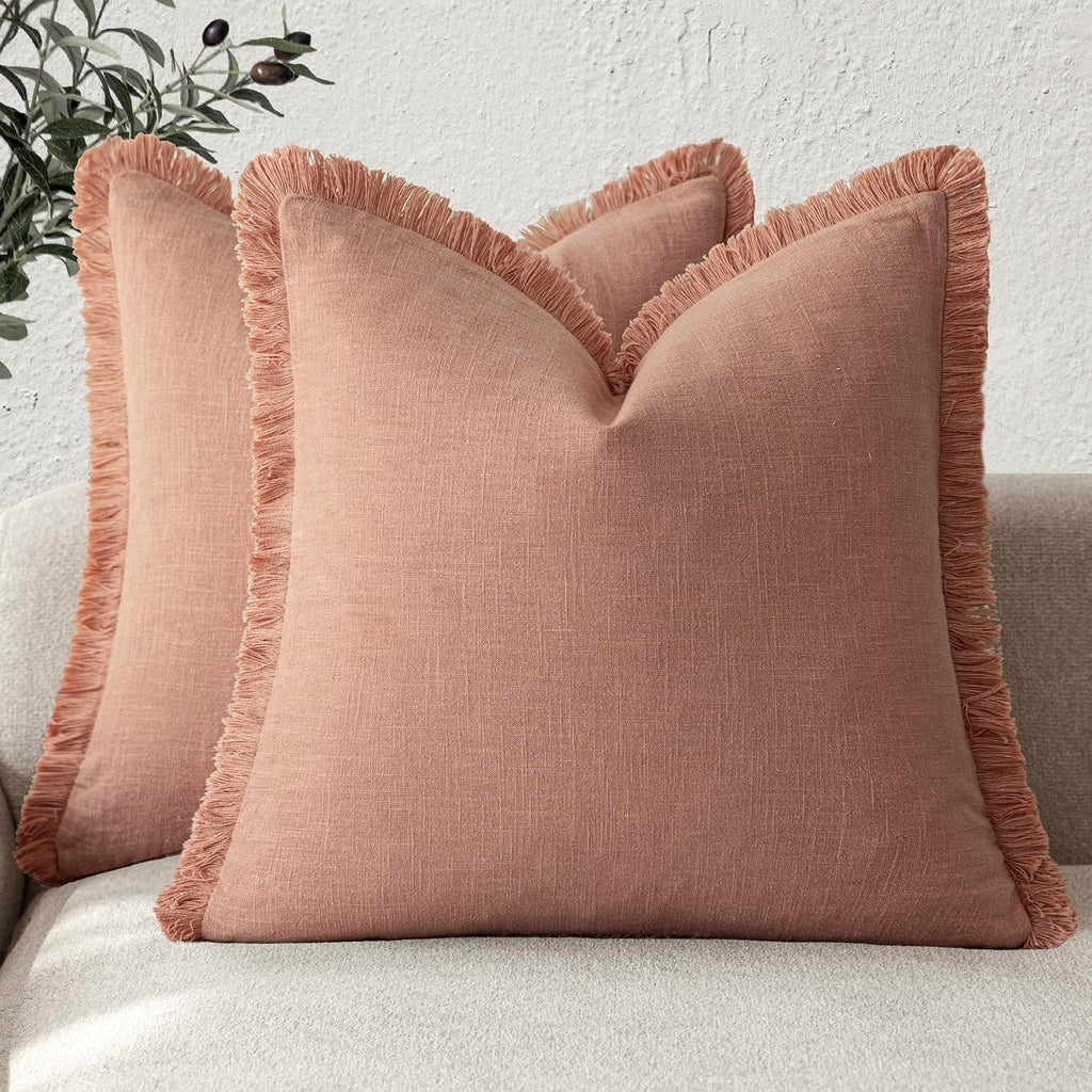 Foindtower Set of 2 Decorative Linen Fringe Throw Pillow Covers Cozy Boho Farmhouse Cushion Cover with Tassels Soft Accent Pillowcase for Couch Sofa Bed Living Room Home Decor,18×18 Inch,Navy Blue
