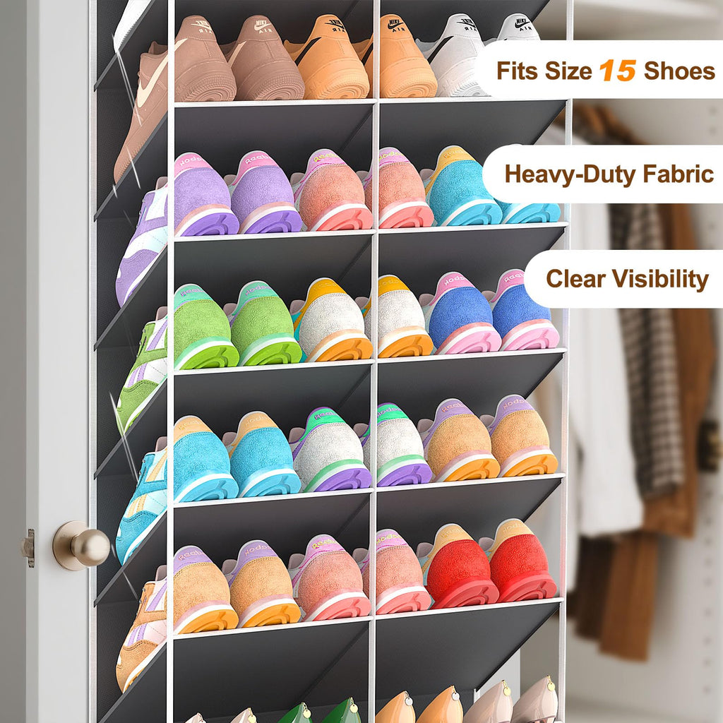 UVIAHOMI 20-30 Pairs Over the Door Shoe Organizer, Clear Pockets Hanging Shoe Storage for Closet, 10-Tier Door Shoes Rack, Handing Shoes Holder Fit All the Family's Sneakers, Boots, Heels, Black