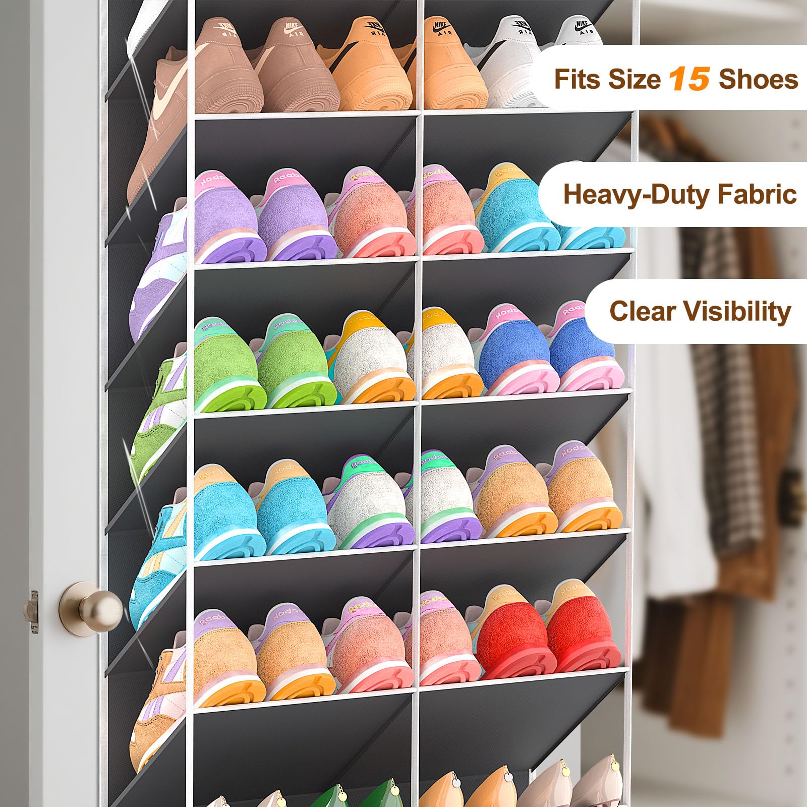 UVIAHOMI 20-30 Pairs Over the Door Shoe Organizer, Clear Pockets Hanging Shoe Storage for Closet, 10-Tier Door Shoes Rack, Handing Shoes Holder Fit All the Family's Sneakers, Boots, Heels, Black