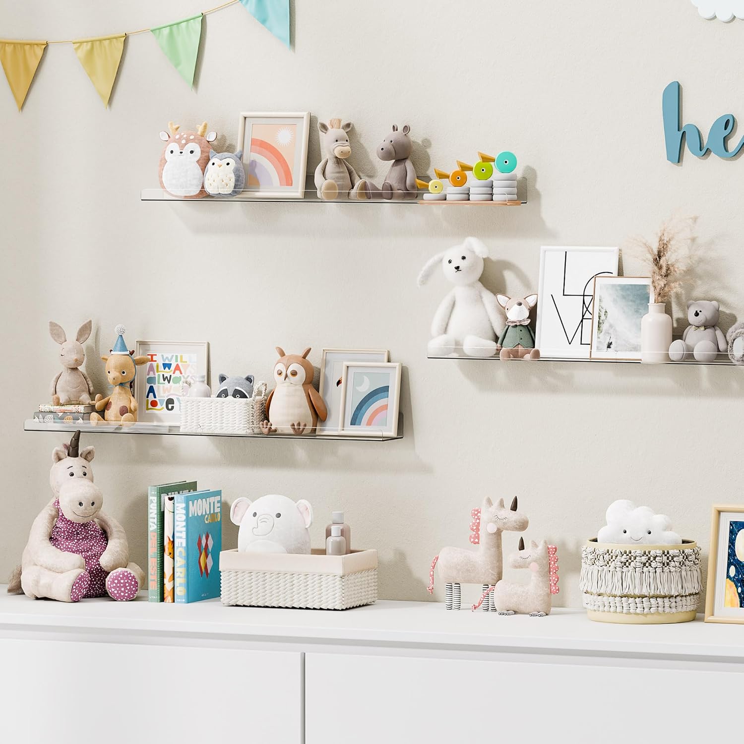 upsimples 6 Pack Acrylic Shelves for Wall Storage, 15" x 4“ Floating Bookshelves for Kids, Display Shelf Organizer for Bathroom, Bedroom, Living Room, Kitchen, Room Decor, Clear