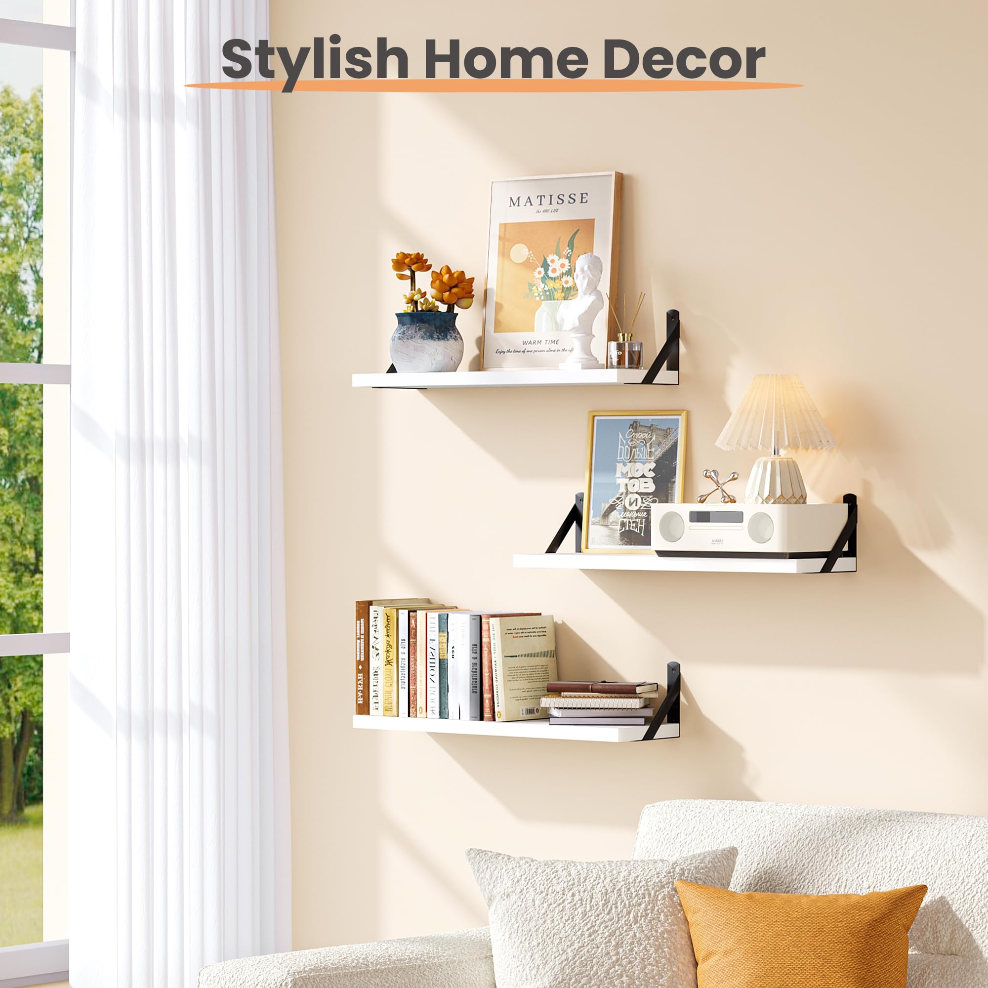 upsimples Floating Book Shelves for Wall, 15.7 Inches Wood Shelves for Living Room, Bathroom, Bedroom, Kitchen Storage and Decoration, White