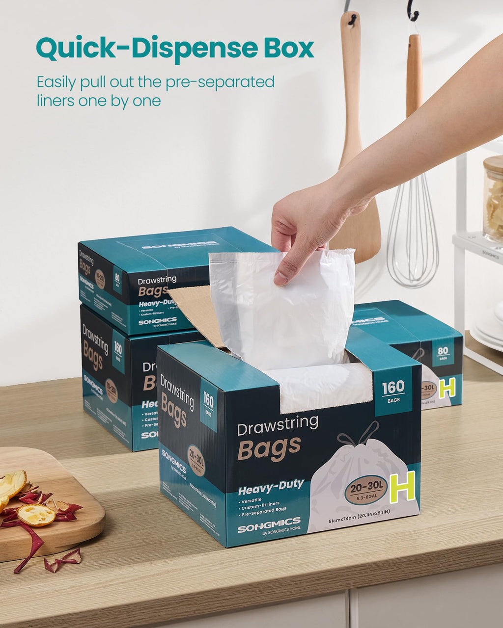 SONGMICS Trash Bags for 8-Gallon (30 L) Trash Cans, Drawstring Kitchen Garbage Bags, Pre-Separated, Liner Code 30A, 2 Rolls, 90 Count, White UKRB30A02