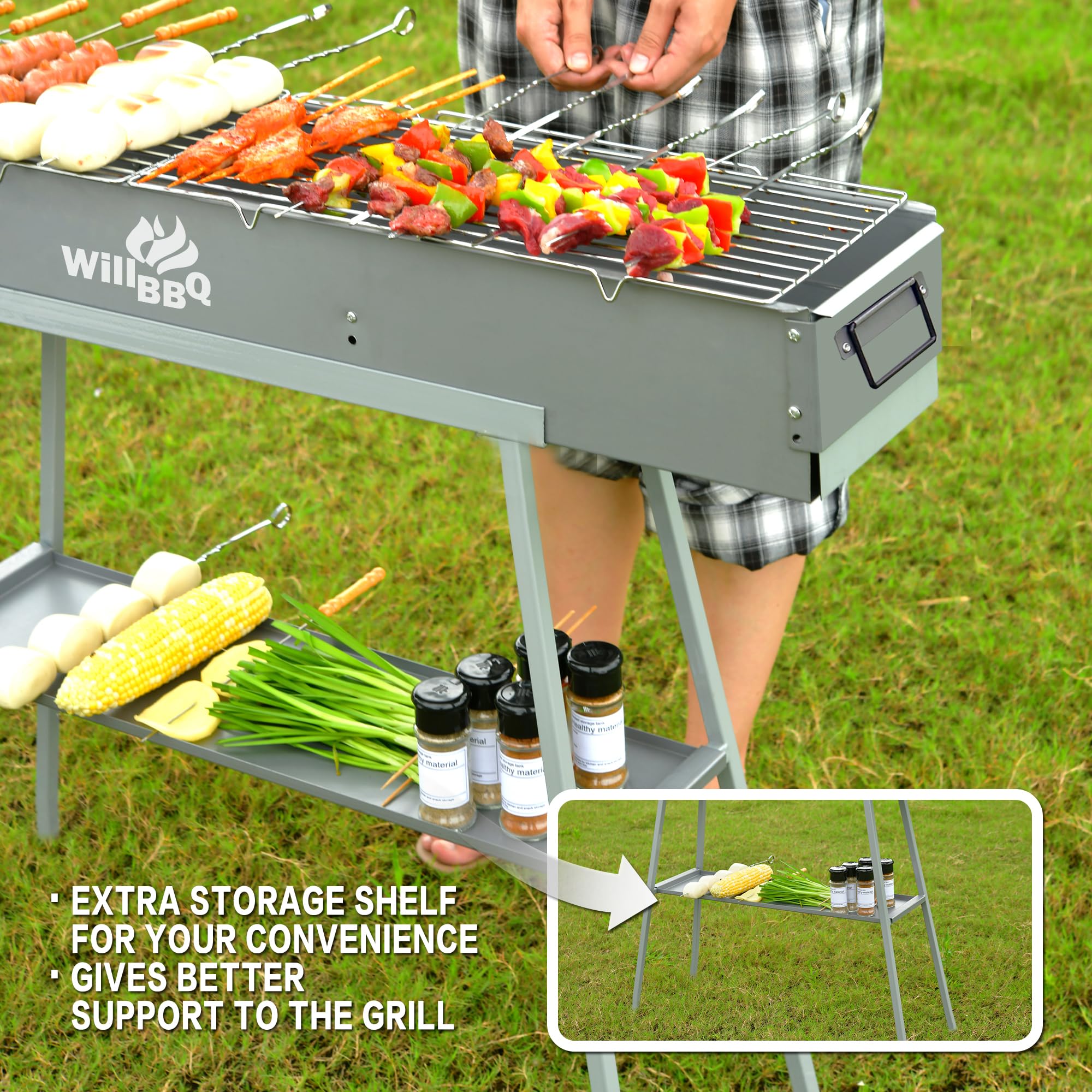WILLBBQ Charcoal Grill Tailgate Parties, Patio, Beach Barbecues, Backyard Gatherings,Alloy Steel BBQ Barbecue Outdoor Grilling with Durable Support Frame and Dual Adjustable Vents (31.6x7.1x5.1 inch)