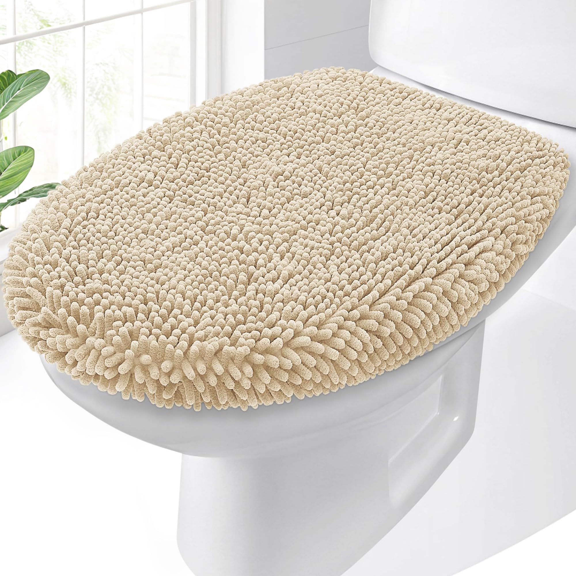 OLANLY Soft Chenille Bathroom Toilet Lid Cover, Machine Washable Seat Covers, 17.5x15, Stays in Place Rubber Backing, Fits Most Round, Elongated and Oblong Lids, Accessories Decor, Gray