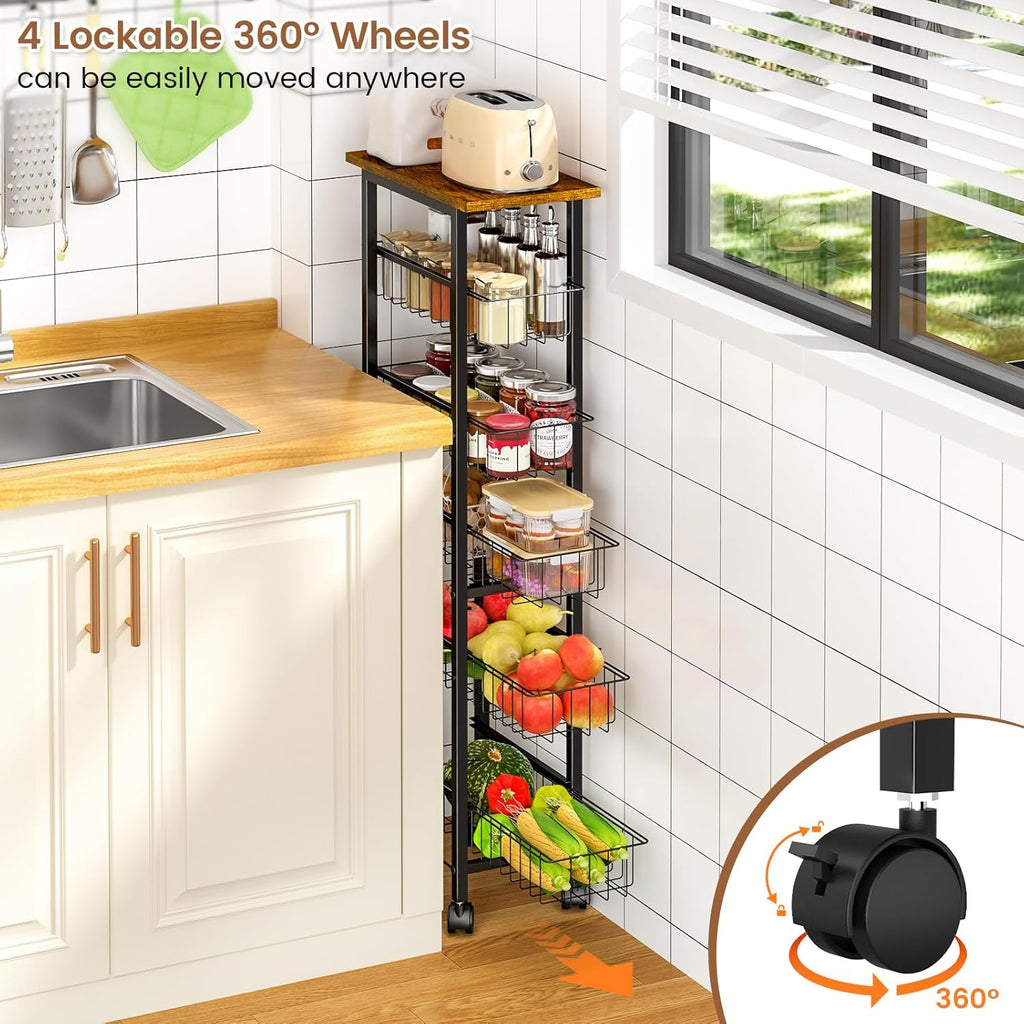 6 Tier Slim Storage Cart with Pull Out Basket, Wooden Top Rolling Kitchen Cart with Lockable Wheels, Metal Wire Fruit Vegetable Storage Basket Narrow Utility Organizer for Kitchen, Bathroom, Laundry