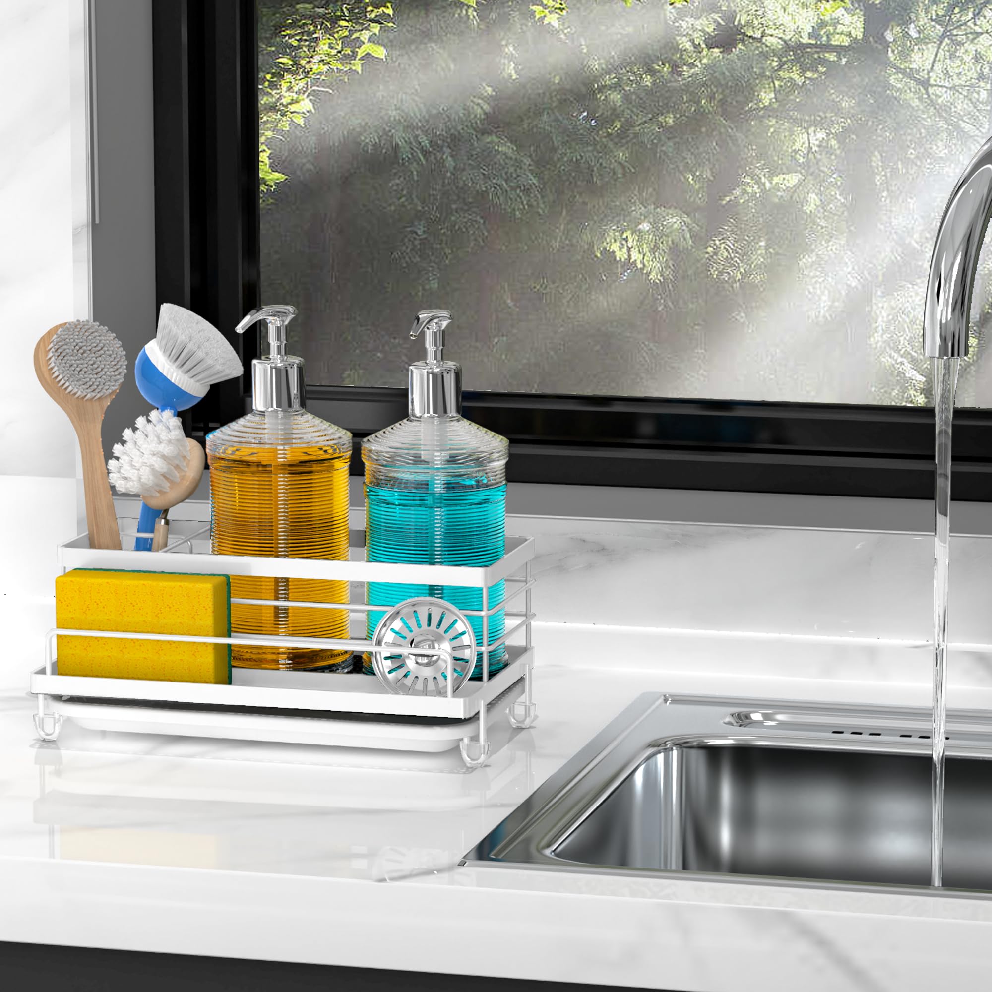 Cisily Black Sponge Holder for Kitchen, Sink Caddy Sink Organizer Rack for Kitchen Accessories with Drip Tray, Rustproof and Non-slip, Soap Dispenser Countertop Organizer Essentials for New Home