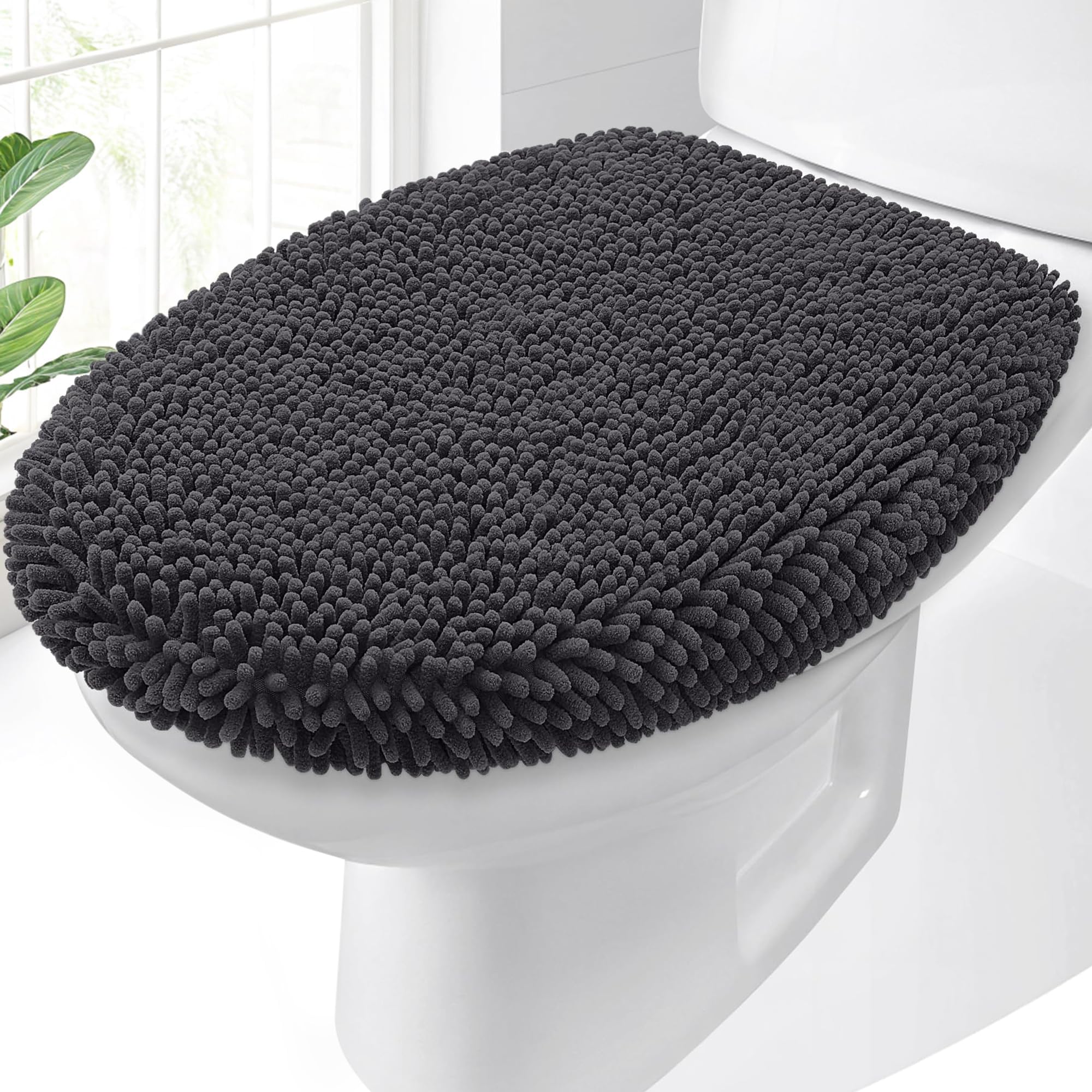 OLANLY Soft Chenille Bathroom Toilet Lid Cover, Machine Washable Seat Covers, 17.5x15, Stays in Place Rubber Backing, Fits Most Round, Elongated and Oblong Lids, Accessories Decor, Gray