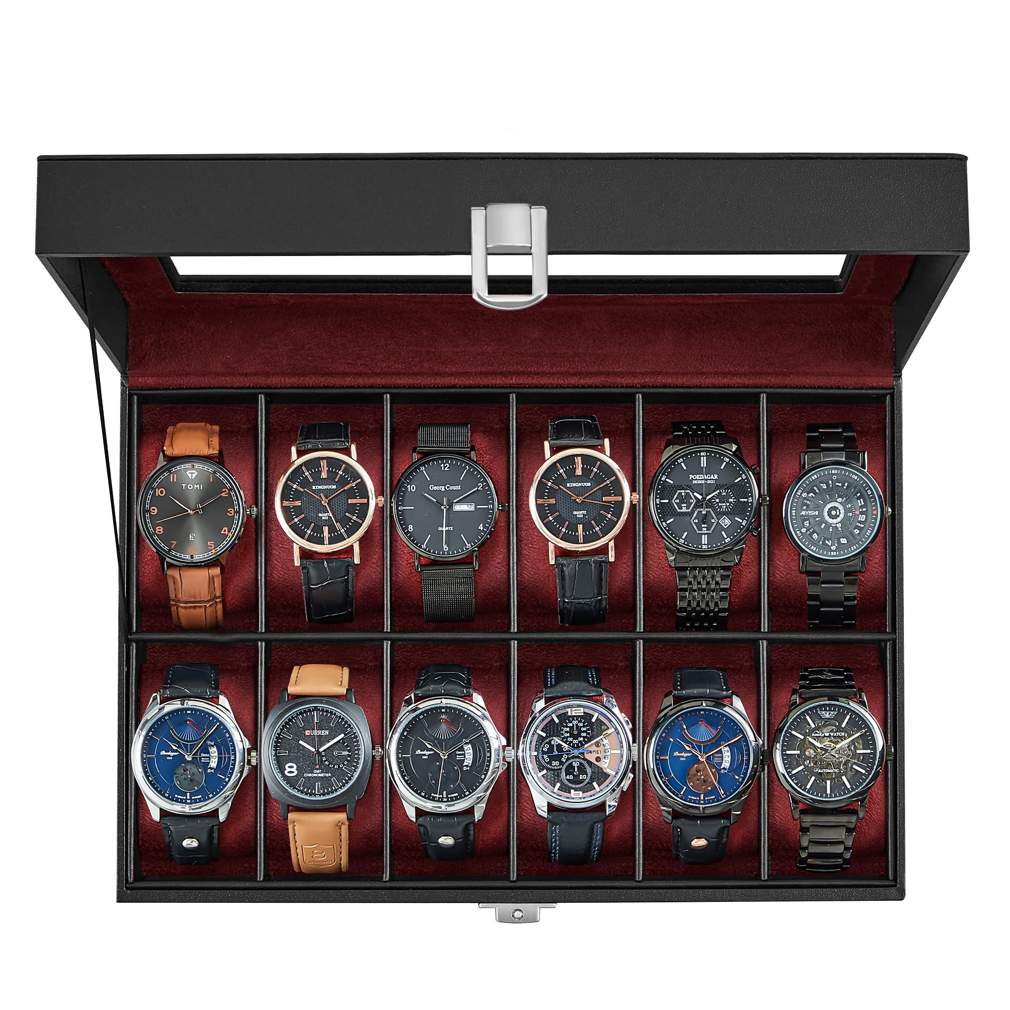 SONGMICS Watch Box, 12-Slot Watch Case Organizer with Large Glass Lid, Removable Pillows, Gift for Loved Ones, Black Synthetic Leather, Gray Lining UJWB12BK