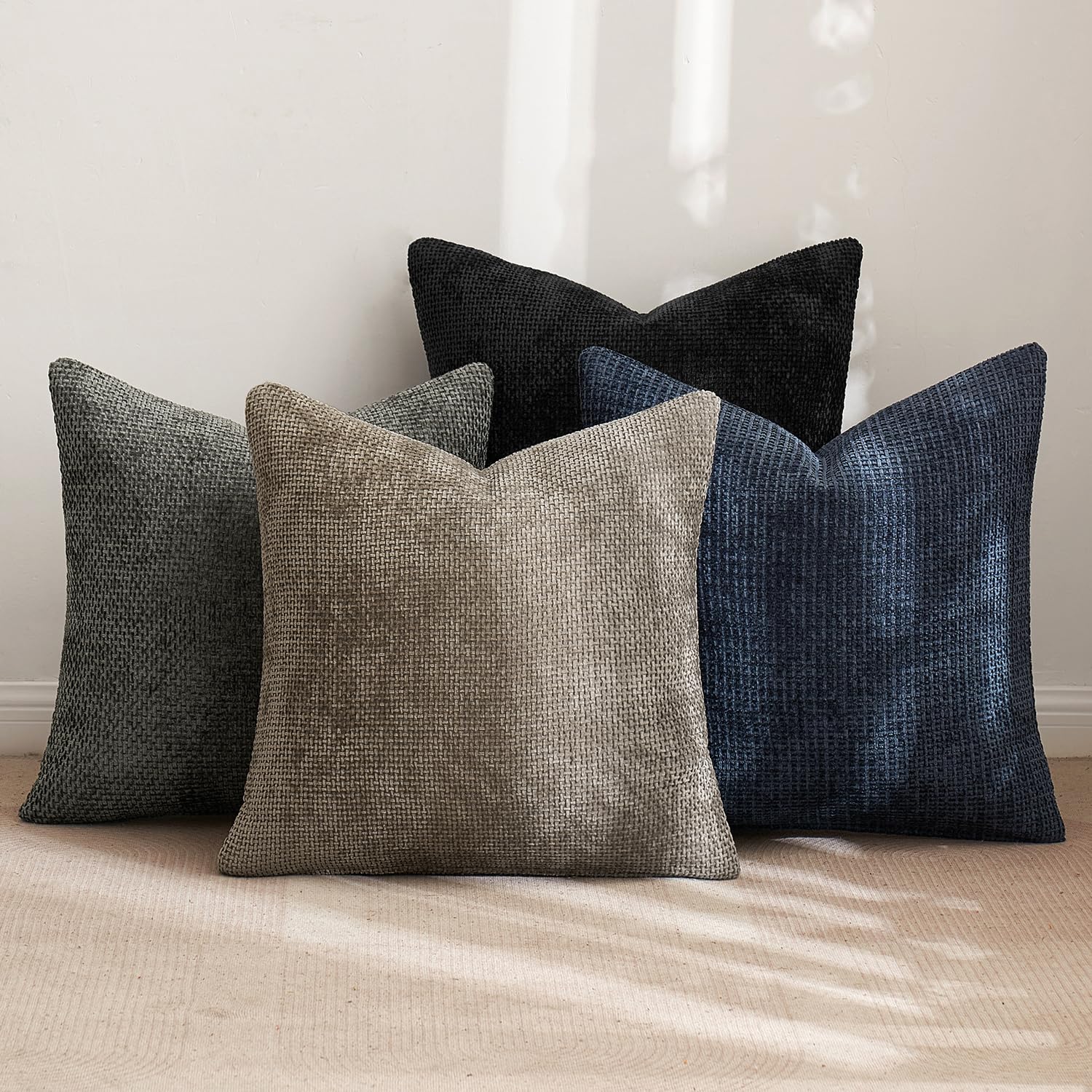 MIULEE Pack of 4 Couch Throw Pillow Covers 18x18 Inch Neutral Blue Soft Decorative Chenille Pillow Covers Farmhouse Accent Cushion Covers for Boho Western Spring Coastal Decor Sofa Bed Living Room