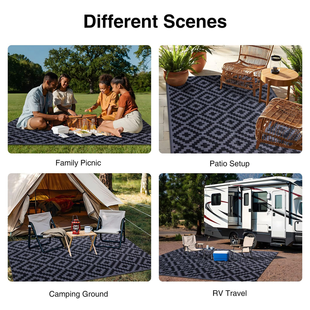 OLANLY Waterproof Outdoor Rug 5x8 ft, Outdoor Plastic Straw Rug for Camping, RV Mat Outside, Indoor Outdoor Carpet for Porch, Deck, Backyard, Balcony, Picnic, Black & White