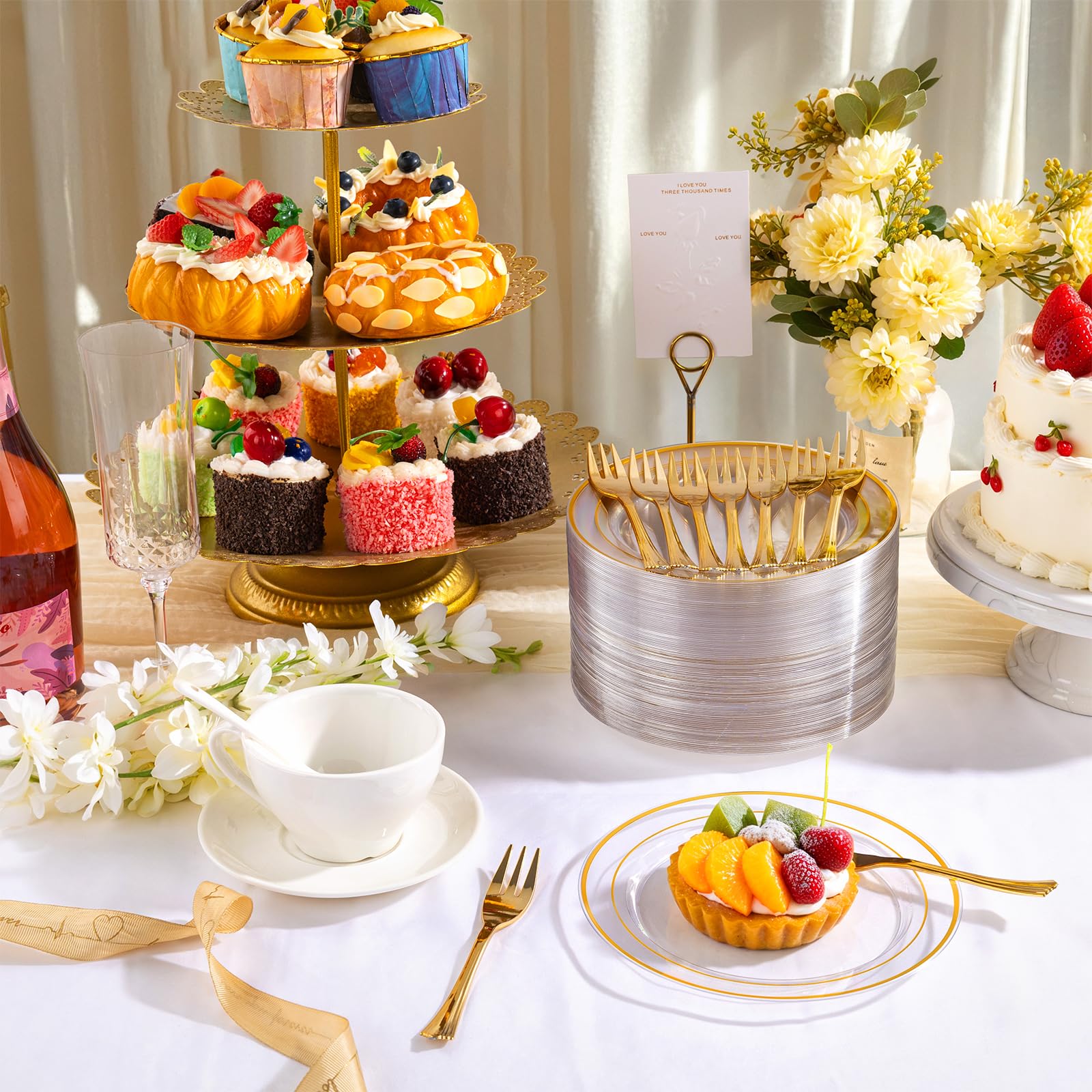 DaYammi 240Pcs Dessert Plates Include 120Pcs Gold Cake Plates 6.3inch with 120Pcs Gold Plastic Forks 5.7inch,Clear gold plates Disposable Salad Plate for Party Appetizer Plate for Wedding Birthday
