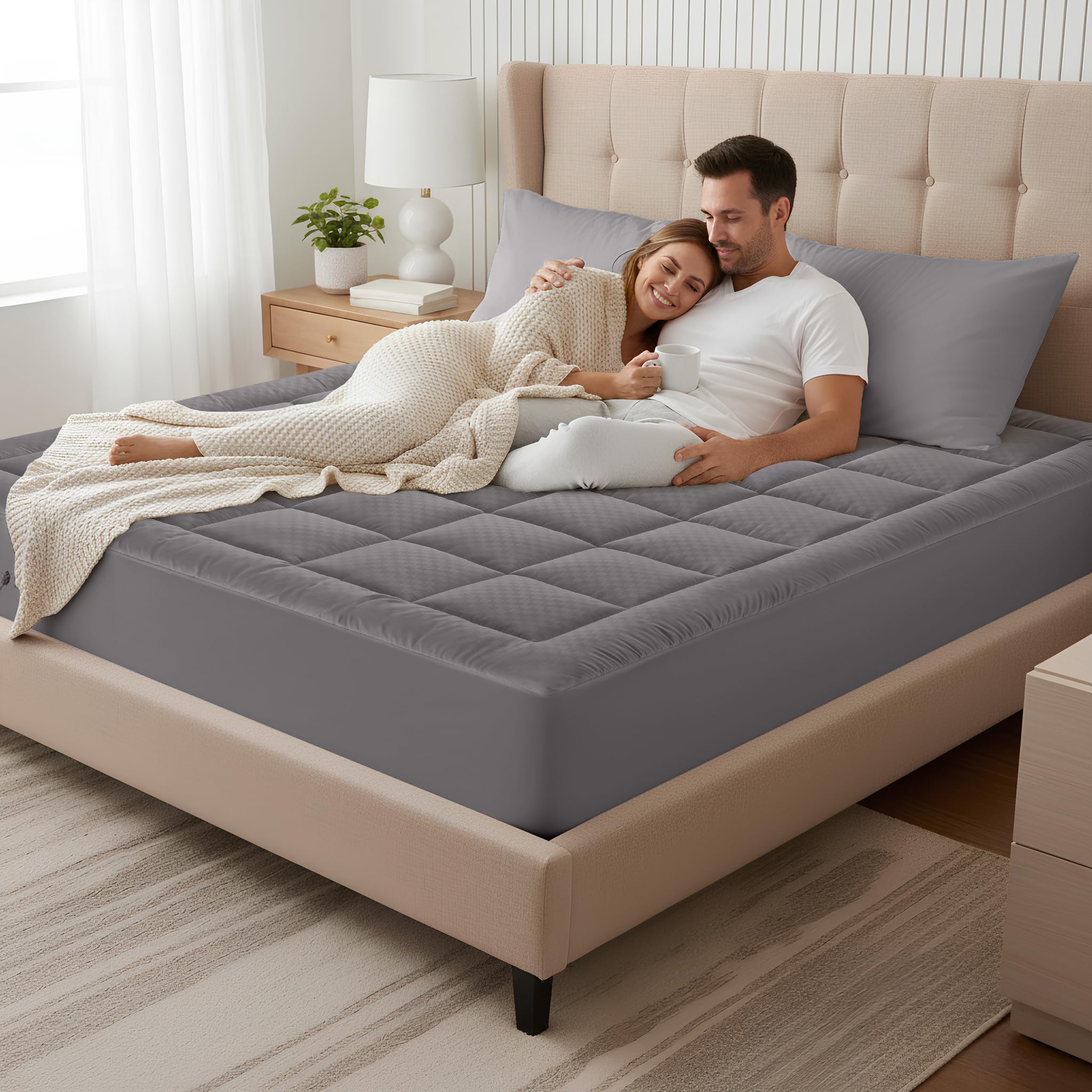 OLANLY Queen Quilted Fitted Mattress Pad – Soft Pillow Top Mattress Topper, Down Alternative Fill, Cooling Comfort Breathable Mattress Cover, Machine Washable Deep Pocket Mattress Protector, White