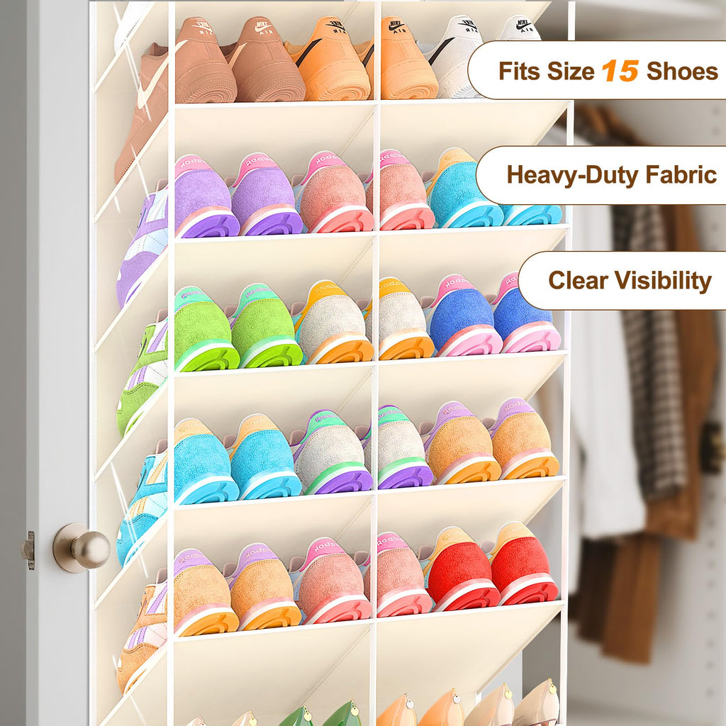 UVIAHOMI 20-30 Pairs Over the Door Shoe Organizer, Clear Pockets Hanging Shoe Storage for Closet, 10-Tier Door Shoes Rack, Handing Shoes Holder Fit All the Family's Sneakers, Boots, Heels, Black