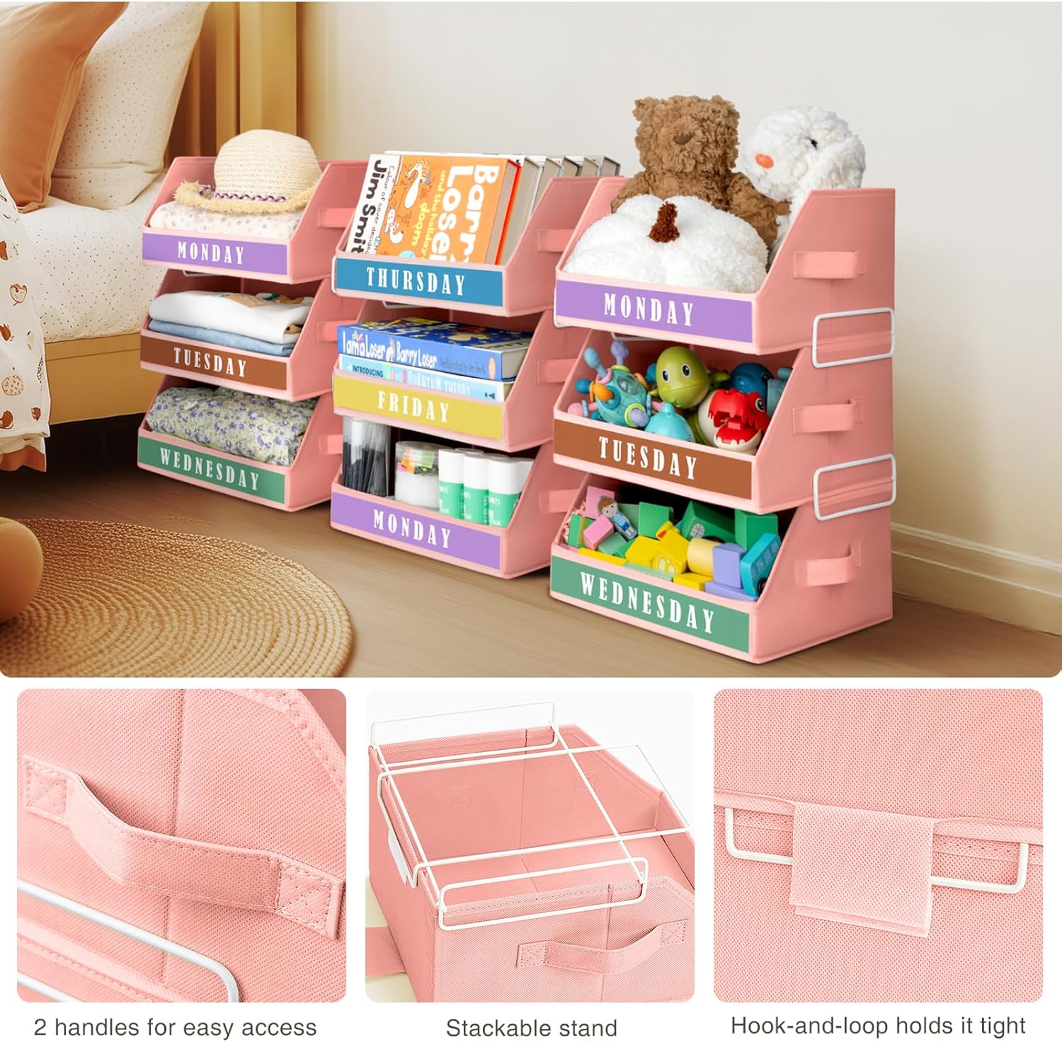 Homsorout Closet Organizers and Storage - 5 Tier Shelf Organizer with Weekly Labels, Stackable Storage Bins with Metal Frame, Pink & Grey