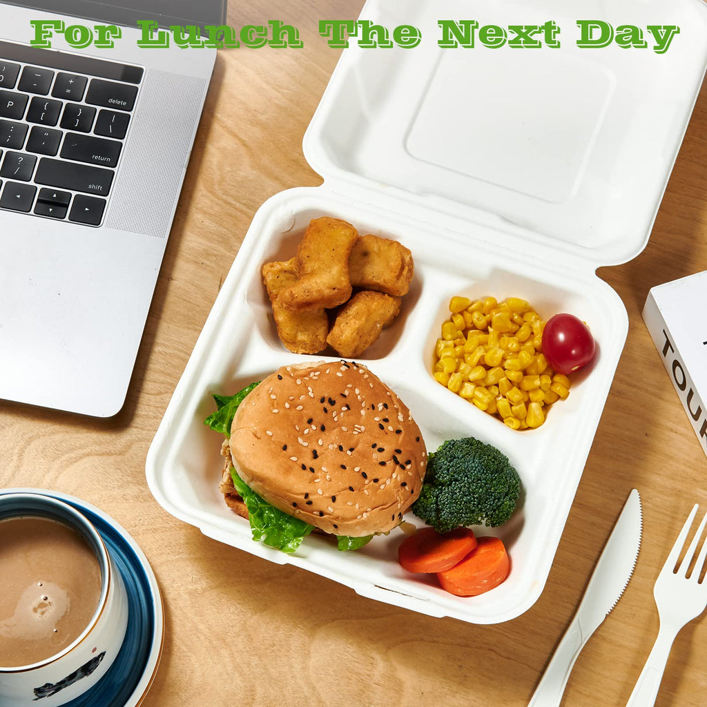 Vplus 100% Compostable Clamshell Take Out Food Containers, 90 PACK 8 inch x 8 inch Eco-Friendly Disposable 3 Compartment, Heavy-Duty Bagasse To-Go Containers for Next Day Lunch, Potluck Party