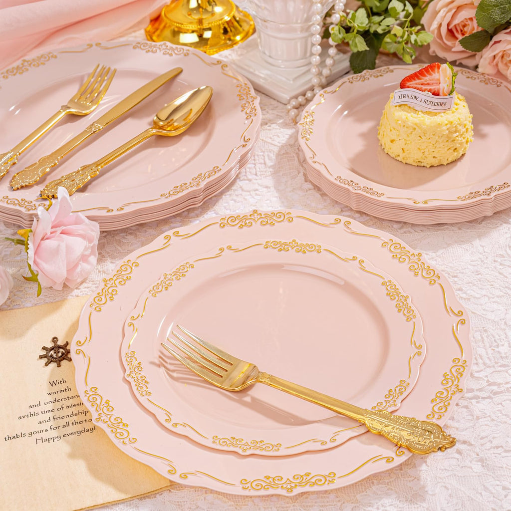 DaYammi 150Pcs Ivory Plastic Plates with Gold Rim,Disposable Plastic Plates Include 30 Dinner Plate,30 Salad Plate,30 Forks,30 Spoons,30 Knives,Ivory and Gold Plates for Party,Wedding,Mother's Day