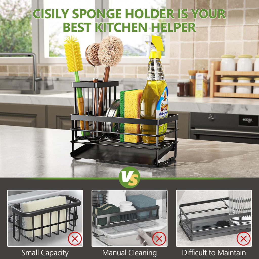 Cisily Sink Caddy Sponge Holder for Kitchen with Brush Holder and Stainless Steel Self Drain Tray, Rustproof Kitchen Sink Organizer for Sponge, Soap Dispenser Storage Accessories (Black)