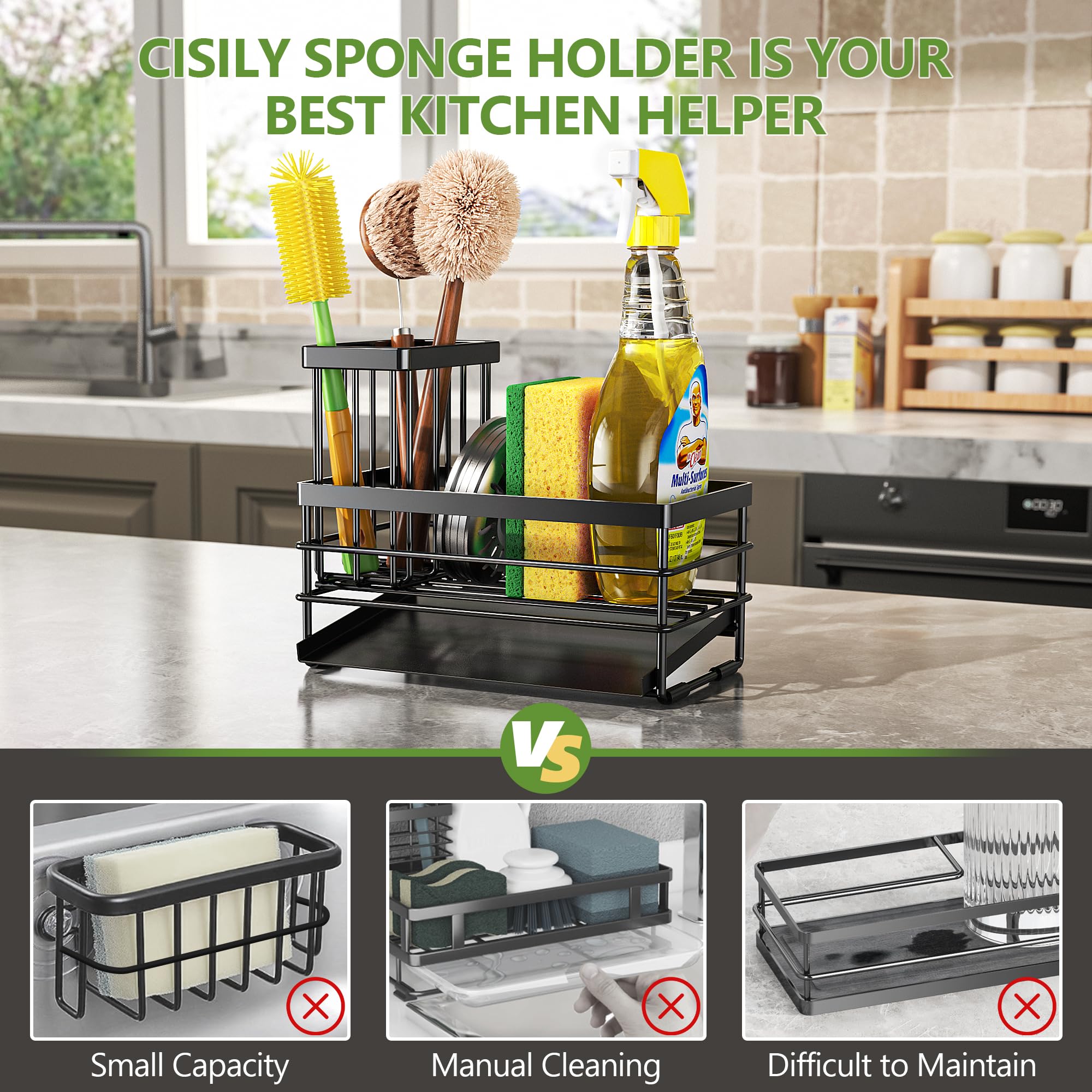 Cisily Sink Caddy Sponge Holder for Kitchen with Brush Holder and Stainless Steel Self Drain Tray, Rustproof Kitchen Sink Organizer for Sponge, Soap Dispenser Storage Accessories (Black)
