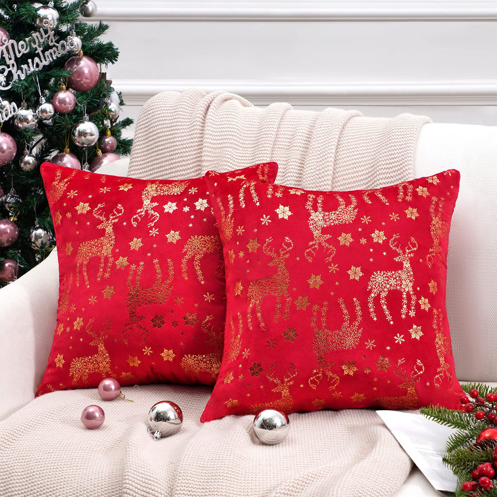 Topfinel Christmas Pillow Covers 18x18 Set of 2,Xmas Cream Velvet Snowflake Reindeer Decorative Pillow Case Winter Holiday Decor for Home Couch,White and Gold