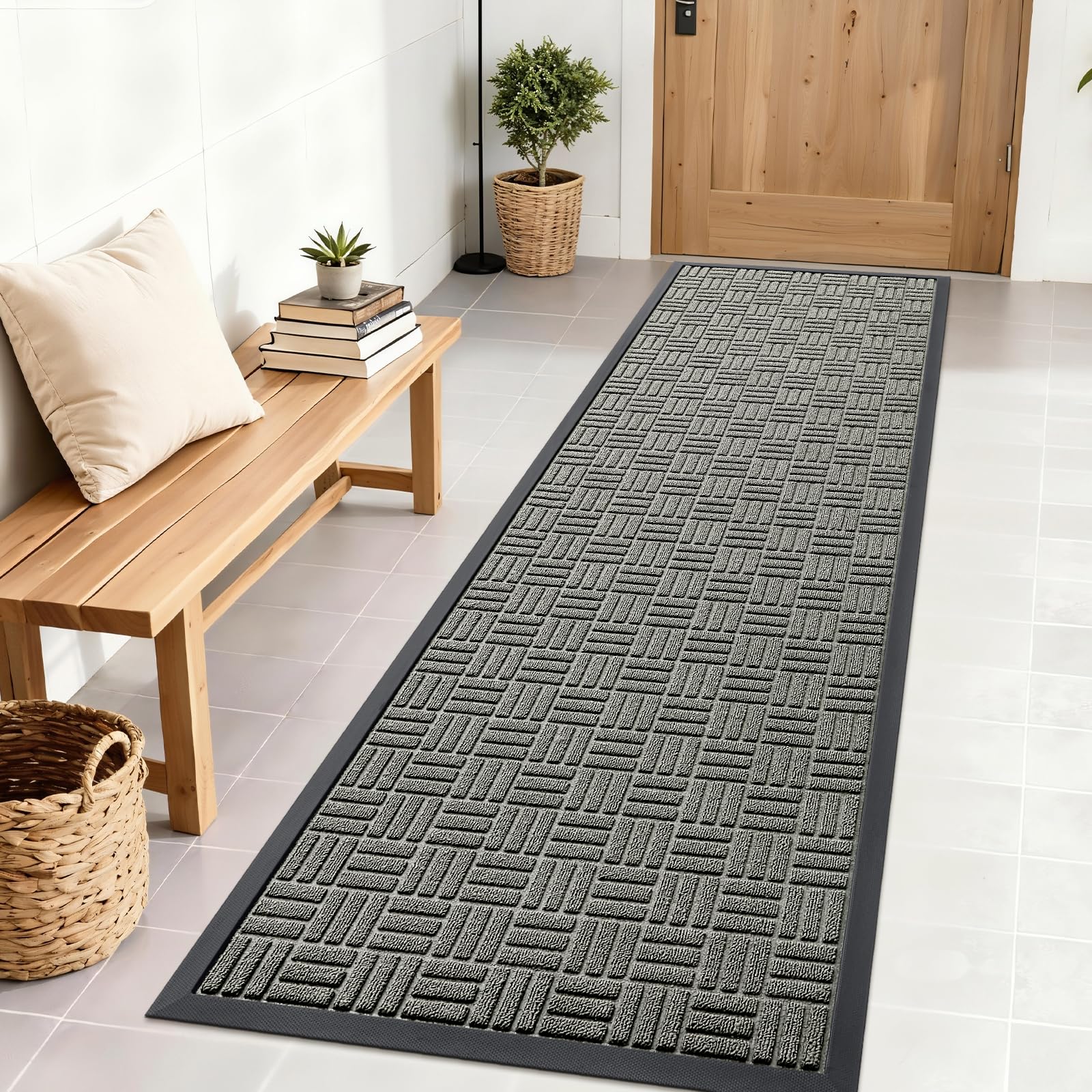 OLANLY Front Door Mat Outside Entrance 29.5x17, Absorbent, Heavy Duty Sturdy Natural Rubber Doormat Indoor Outdoor, Stain and Fade Resistant, Non-Slip Backing Low Profile Floor Mat for Entryway, Grey