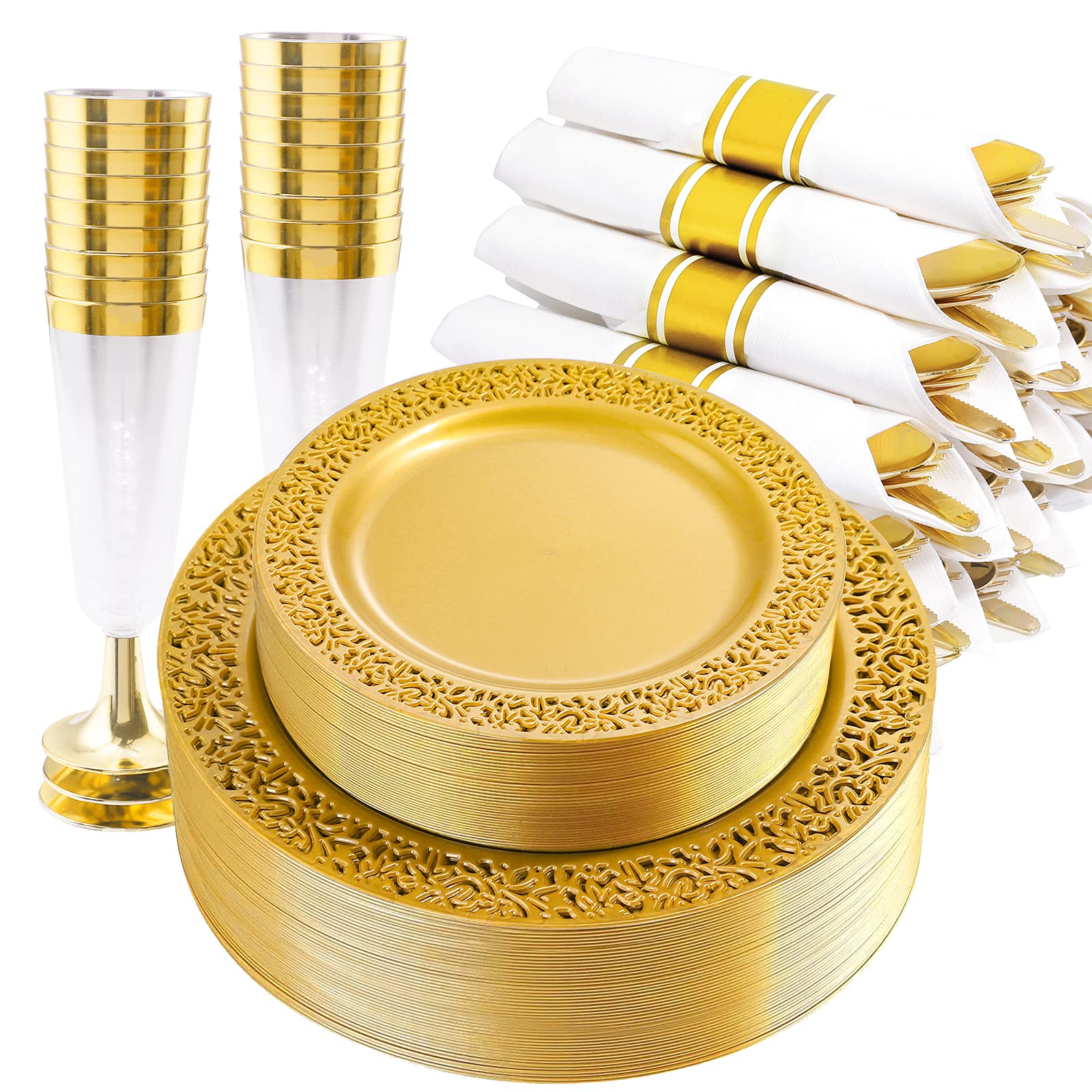DaYammi 210Pcs White Gold Plastic Plates for Party,Gold Disposable Dinnerware Set Includes 60 gold Floral Plates,30 Plastic Silverware,30 Per Rolled Napkins,30 Cups for Mother's Day Party Wedding