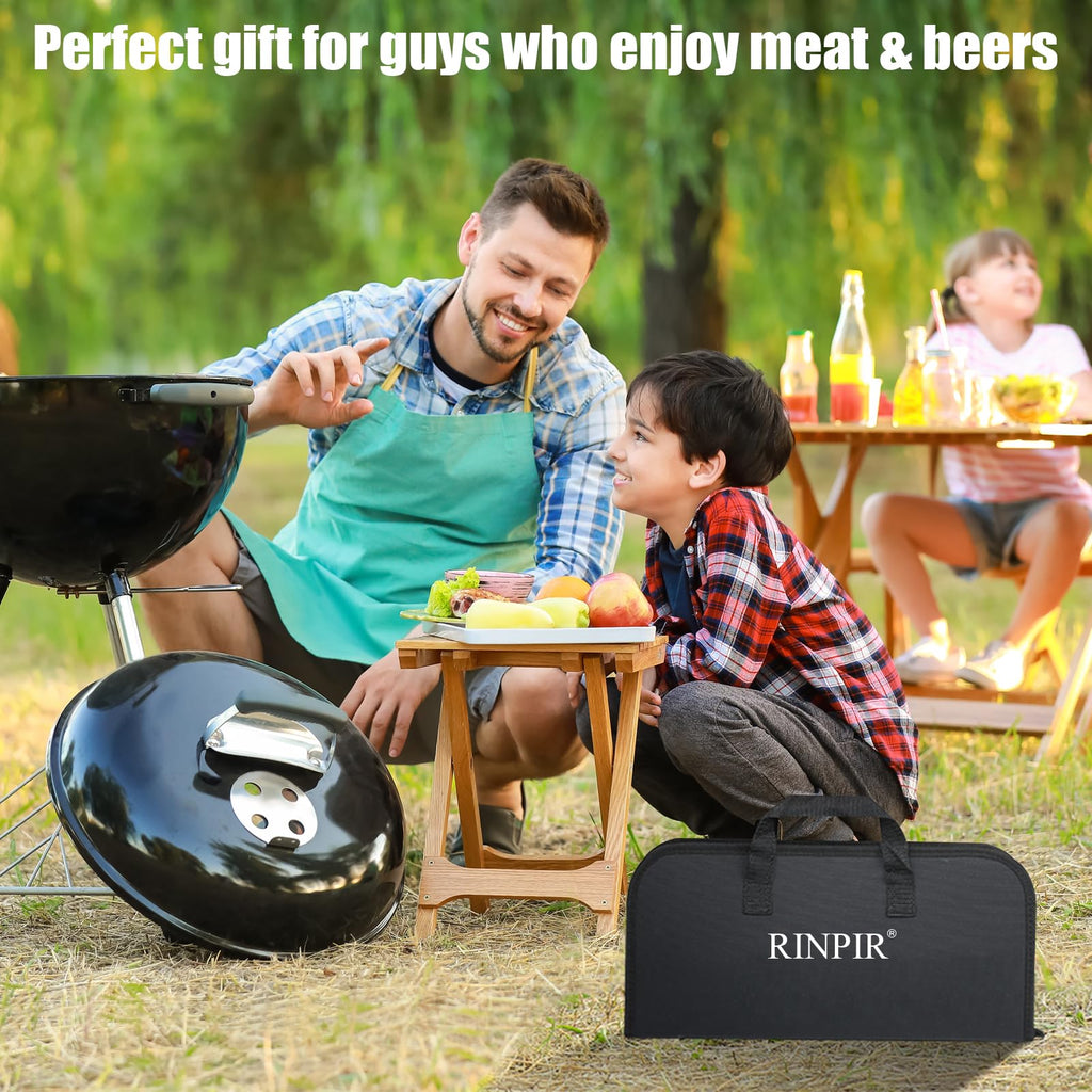 RINPIR 31pcs BBQ Grill Accessories Gifts for Men Dad, Heavy Duty Grilling Tools Gift Set for Father‘s Day, Stainless Steel BBQ Utensils Kit with Mats, Grill Brush in Carrying Bag Brown