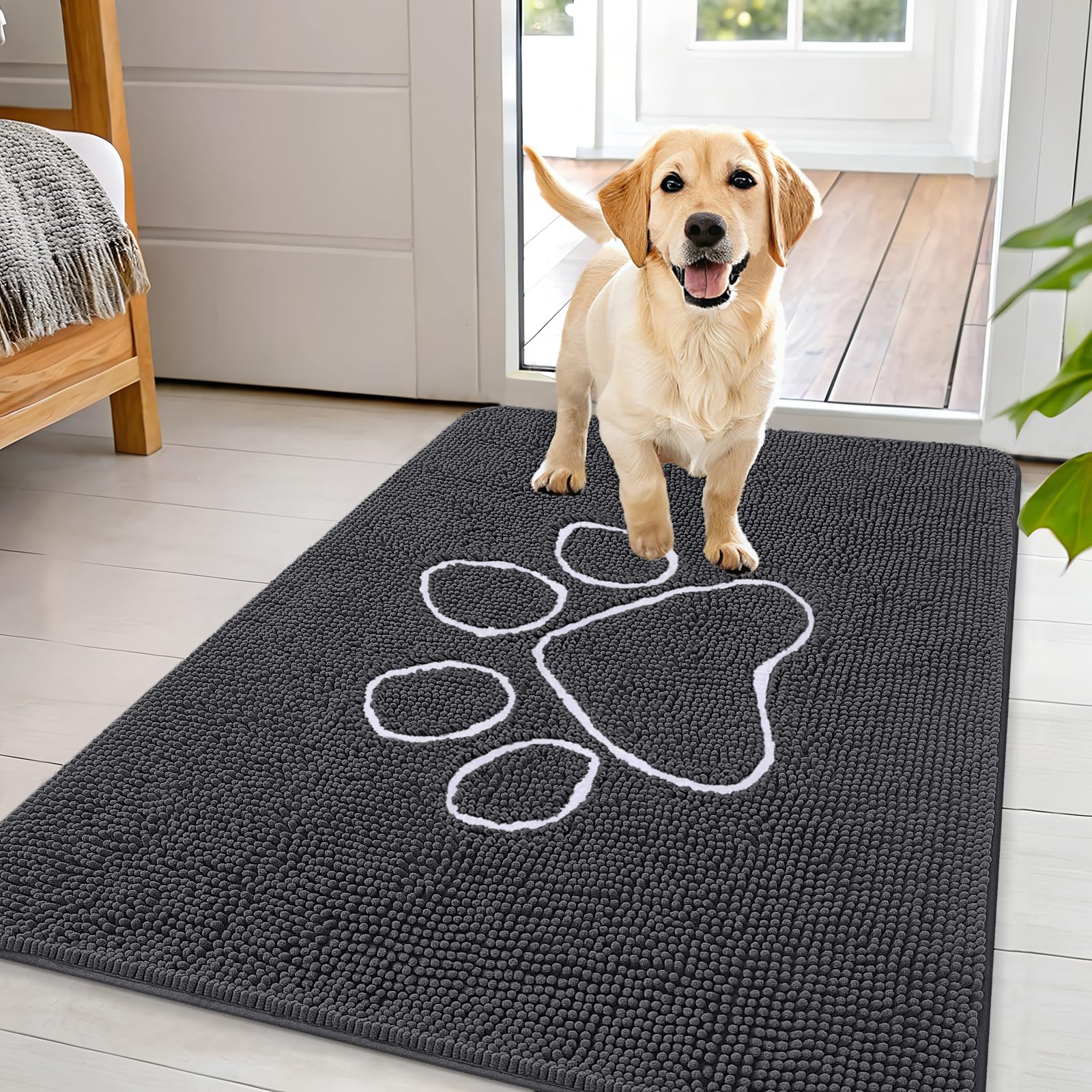 OLANLY Dog Door Mat for Muddy Paws 30x20, Absorbs Moisture and Dirt, Absorbent Non-Slip Washable Doormat, Quick Dry Chenille Mud Mat for Dogs, Entry Indoor Entryway Carpet for Inside Floor, Grey