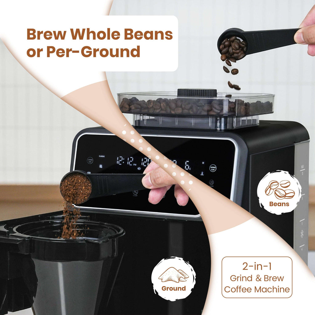 Gevi 10-Cup Drip Coffee Maker with Built-in Burr Grinder & Programmable Timer, 1.5L Water Tank, Auto Keep-Warm, Reusable Filter - Fresh Ground Coffee Machine (Black)