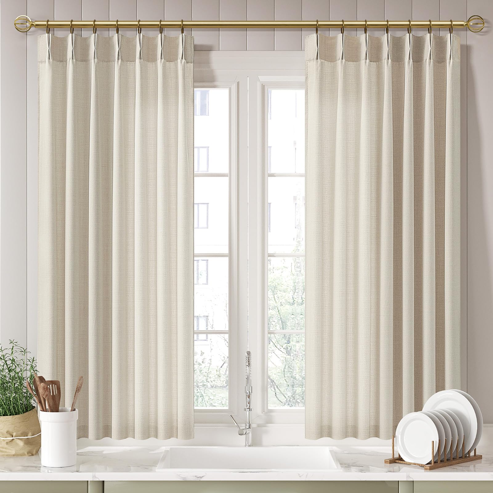 Pinch Pleated Linen Curtains 96 Inches Extra Long Olive Green Drapes, Thick Linen Light Filtering Memory Trained Pleat Curtain for Living Room and Bedroom Privacy 2 Panels Texture with Back Tab